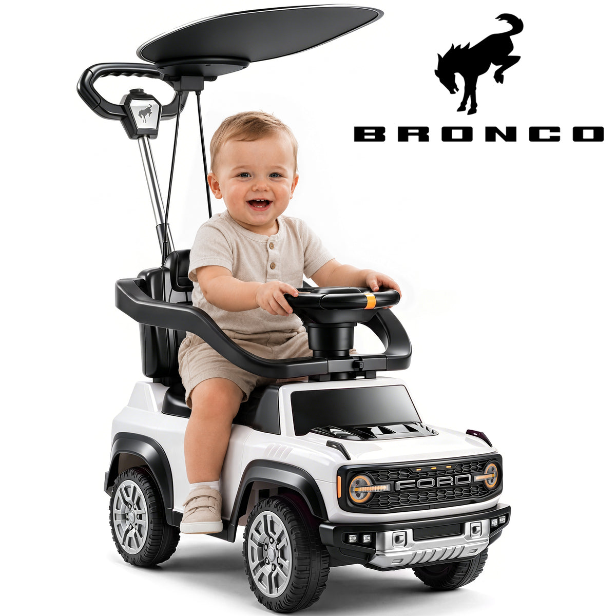 iYofe Ford Bronco 3-in-1 Toddler Push Car for Ages 1-3, Ride On Toy with Adjustable Parent Handle, Canopy, Safety Guardrail, Horn & Silent Wheels, Push Car for Toddlers