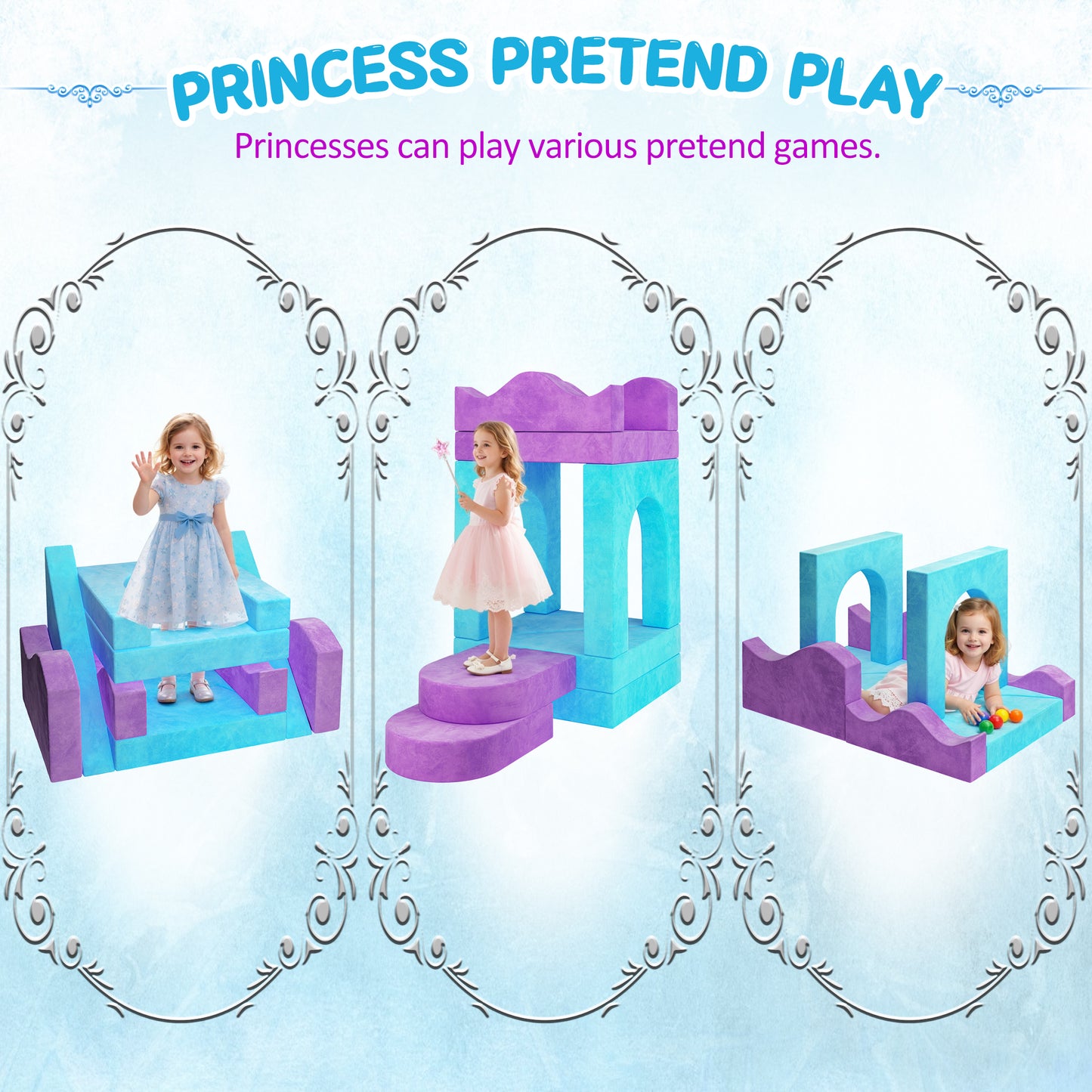 Modular Kids Play Couch Set for Toddlers Playroom, 12PCS Large Foldable Soft Kids Sofa, 3 in 1 Foam Convertible Couch Fort Building Floor Bed for Girls 3-5, Washable Velvet, Purple