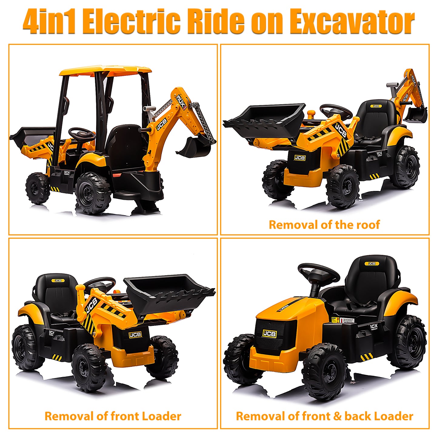 JCB 12V Ride on Excavator with Front&Back Loader 4in1 Kids Ride on Car with Remote Control Electric Construction for 3-6 Years Old Boys and Girls, 3 Speeds, Yellow