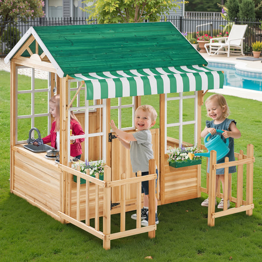 iYofe Outdoor Playhouse, Wooden Play Houses for Toddlers 1-3, Outside Playhouse with KitchenToyset, Flowerpot Holders, Fence (49.5"x62.3"x52.8")