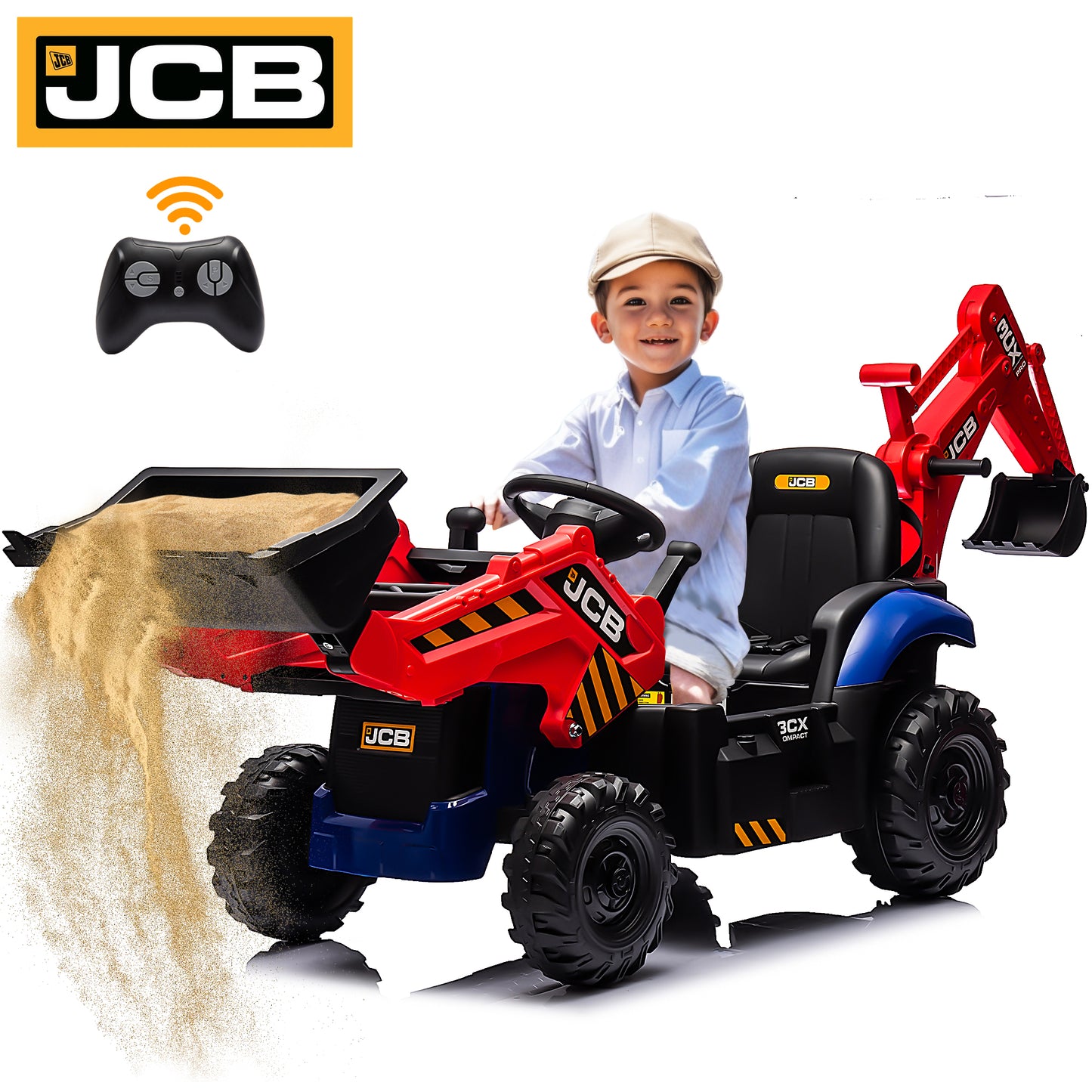 24V Kids Ride on Excavator Digger Toy Backhoe, JCB Battery Powered Electric Tractor with Remote Control, Ride on Construction Truck w/Adjustable Front and Back Loader for 3-6 Boys Girls, Yellow