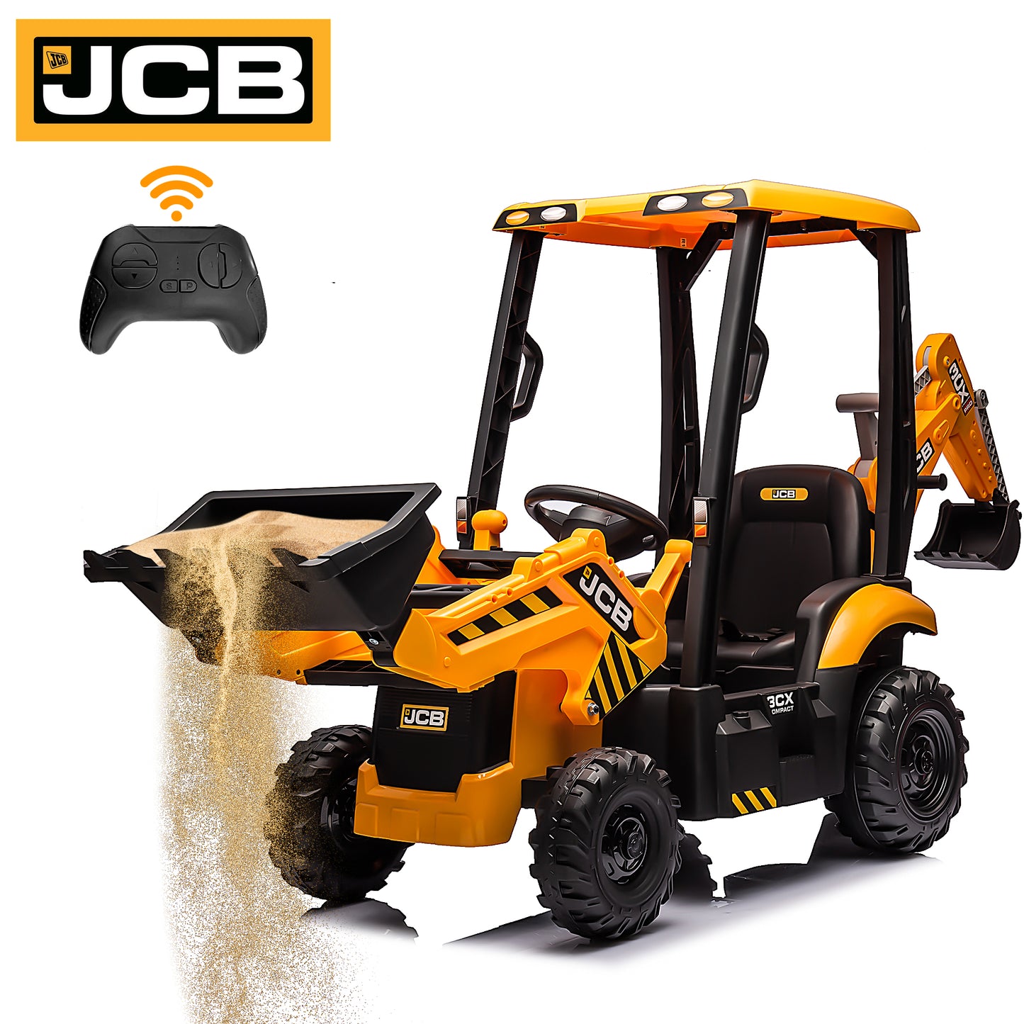 JCB 12V Ride on Excavator with Front&Back Loader 4in1 Kids Ride on Car with Remote Control Electric Construction for 3-6 Years Old Boys and Girls, 3 Speeds, Yellow