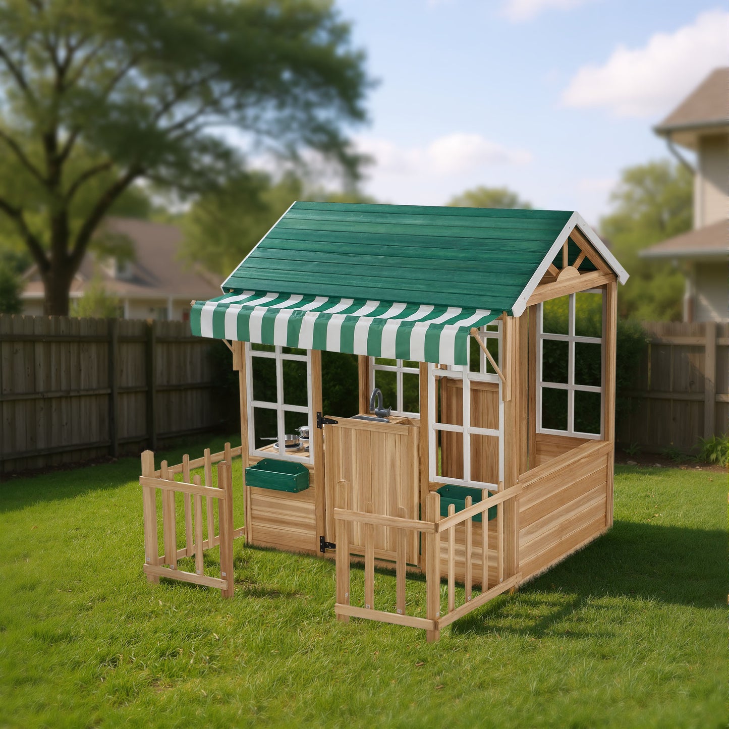 iYofe Outdoor Playhouse, Wooden Play Houses for Toddlers 1-3, Outside Playhouse with KitchenToyset, Flowerpot Holders, Fence (49.5"x62.3"x52.8")