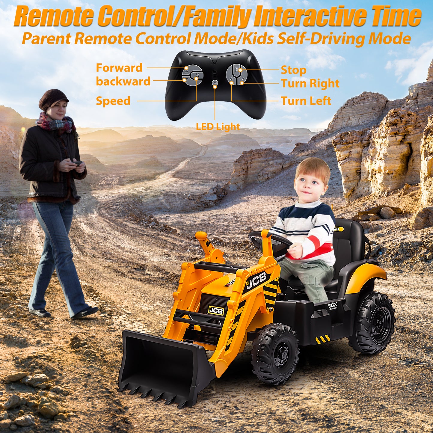 JCB 24V Ride on Excavator with Front&Back Loader 3in1 Kids Ride on Car with Remote Control Electric Construction for 3-6 Years Old Boys and Girls, Backhoe Ride on, Yellow