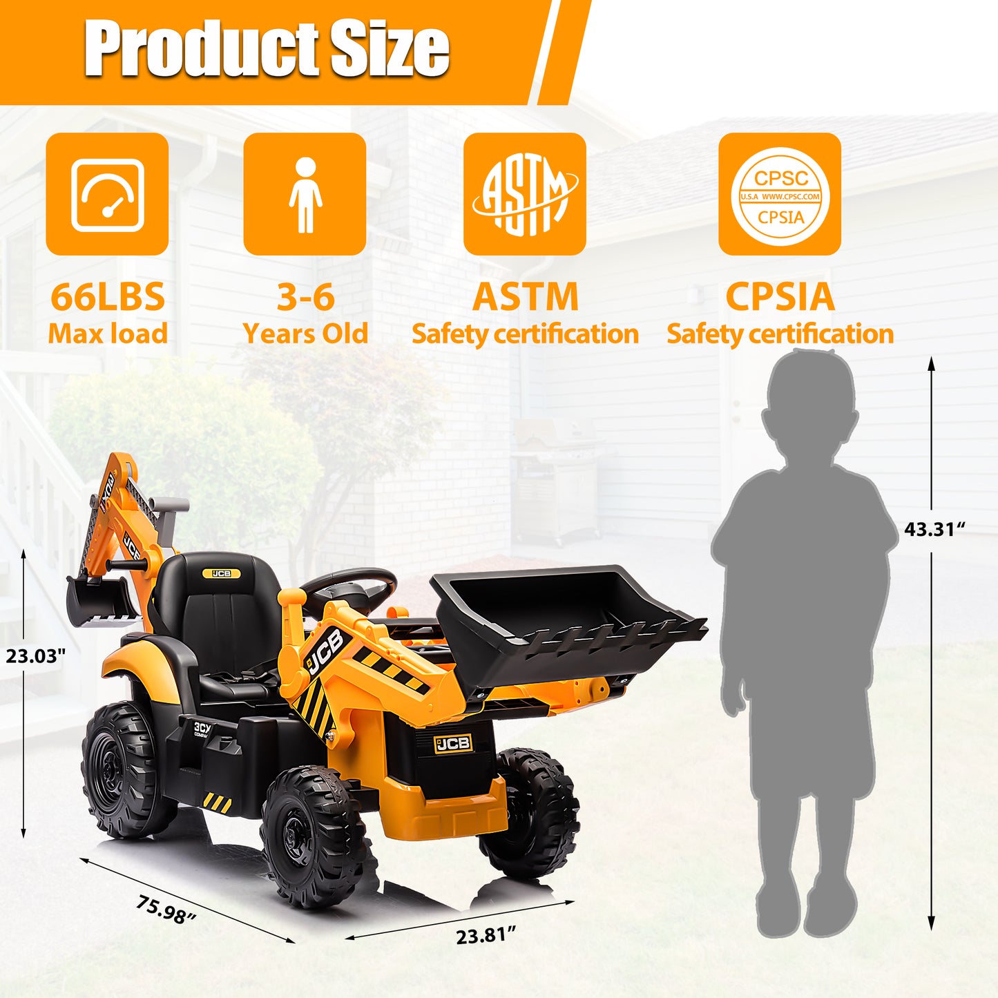 JCB 24V Ride on Excavator with Front&Back Loader 3in1 Kids Ride on Car with Remote Control Electric Construction for 3-6 Years Old Boys and Girls, Backhoe Ride on, Yellow