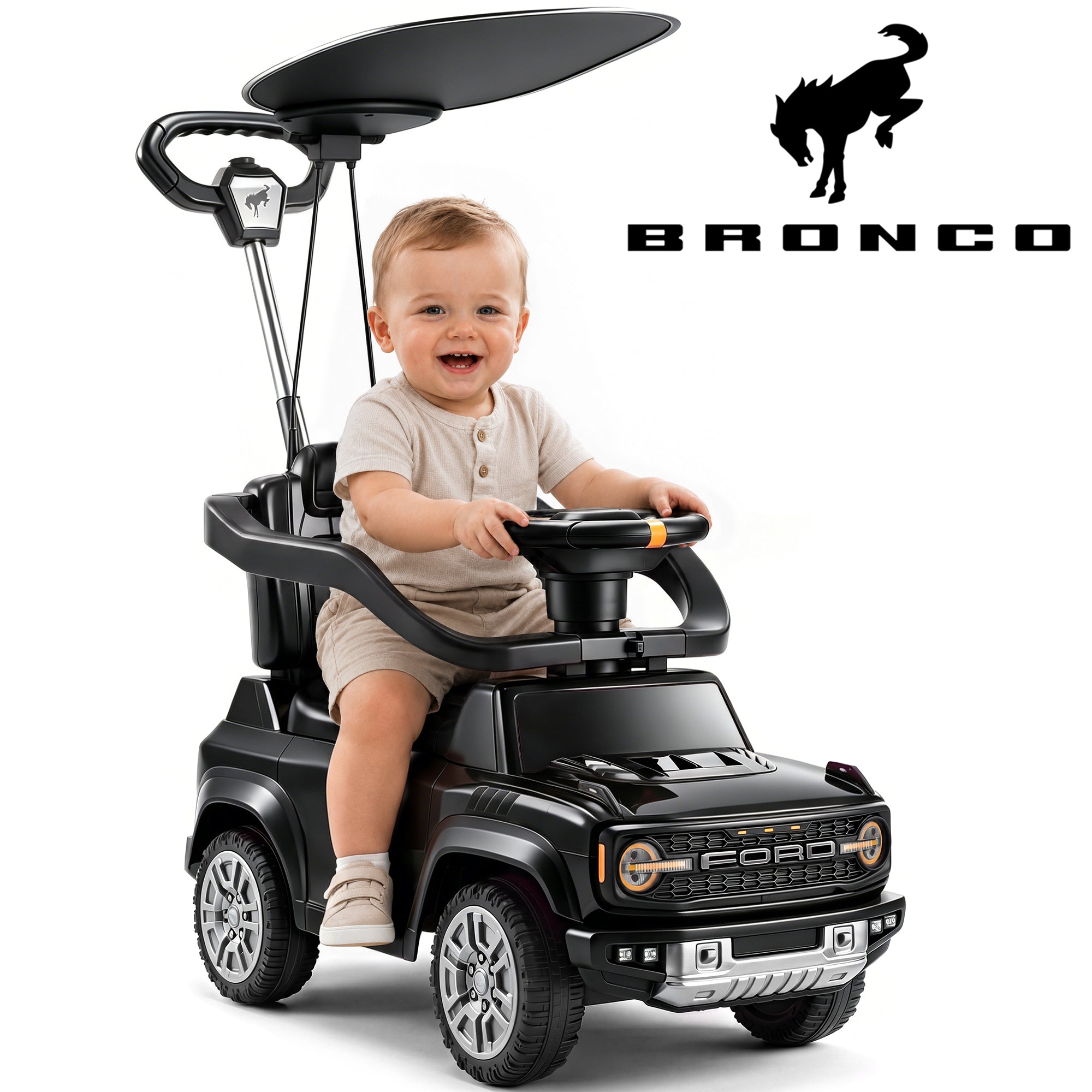 iYofe Ford Bronco 3-in-1 Toddler Push Car for Ages 1-3, Ride On Toy with Adjustable Parent Handle, Canopy, Safety Guardrail, Horn & Silent Wheels, Push Car for Toddlers