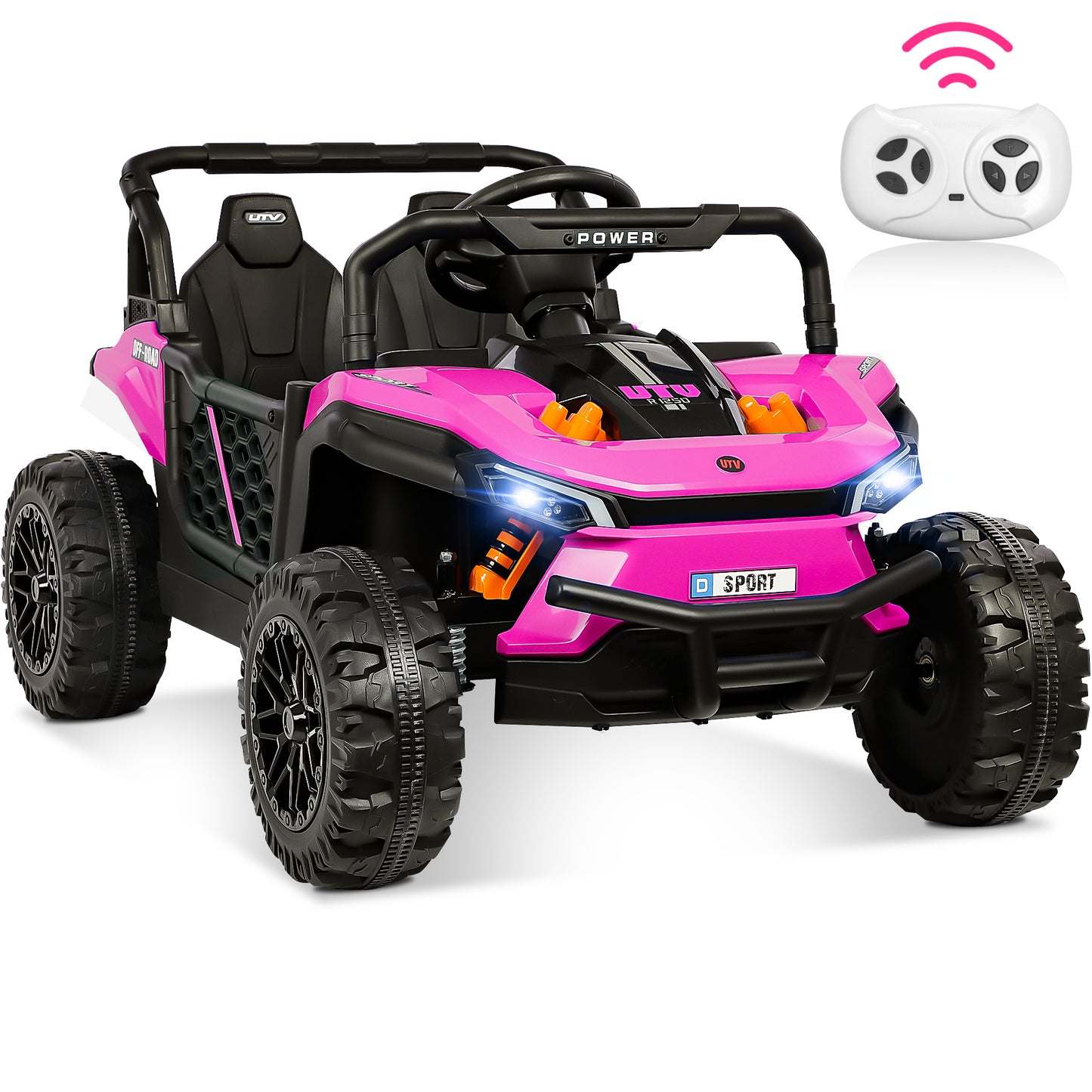 Ride on UTV Truck Car for Kids, 12V Battery Powered Ride on Toys Cars with Remote Control, Electric Car for Kids Toddler Girls 3-5 w/Music/LED Headlights/Safety Belts/17"W Large Seat, 4 Wheelers, Pink