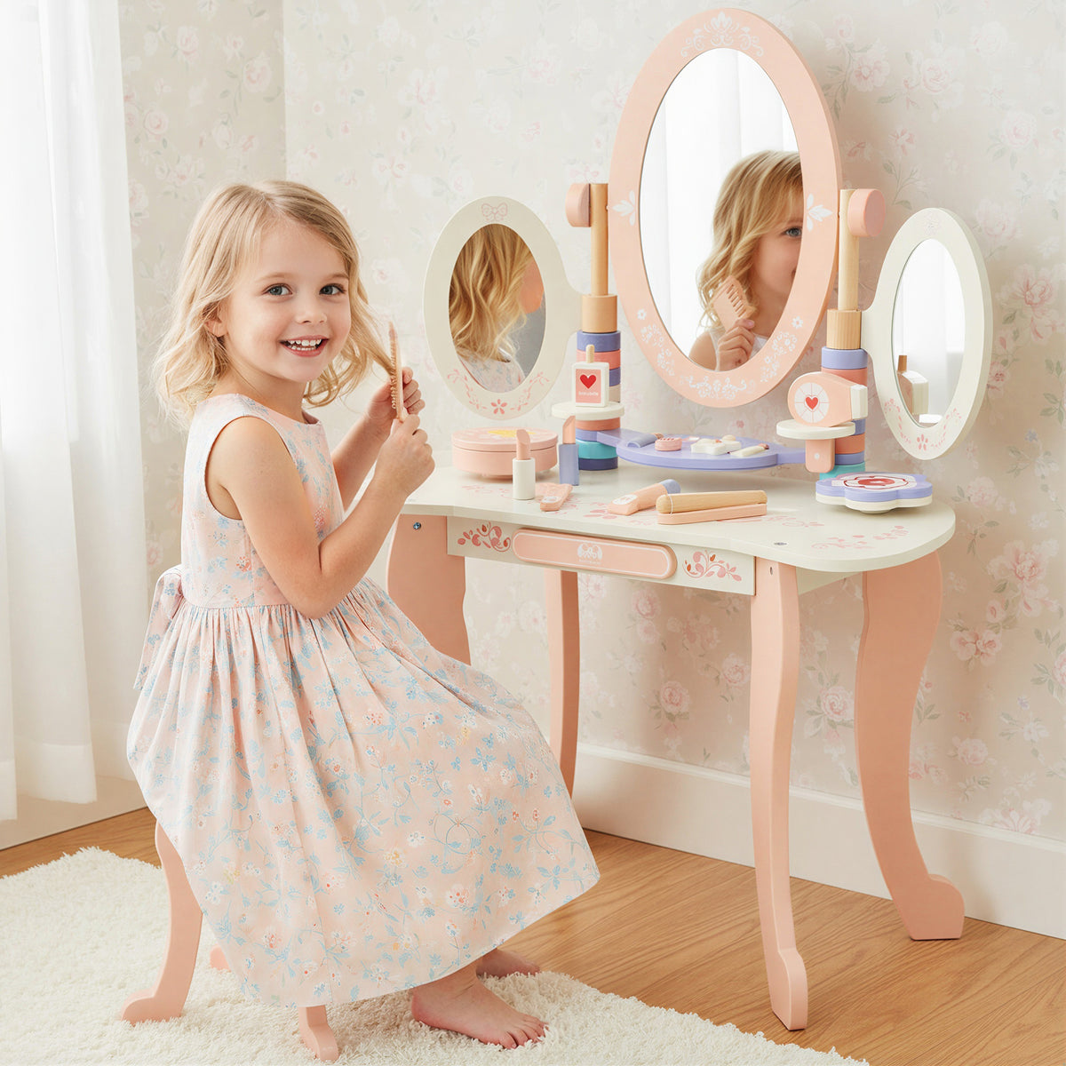 Kids Vanity Set for Girls with Mirror, 12PCS Toddler Vanity Table and Chair Set with Makeup Toys, Wood Dressing Table with Jewelry Box, Eyeshadow, Comb, Pink