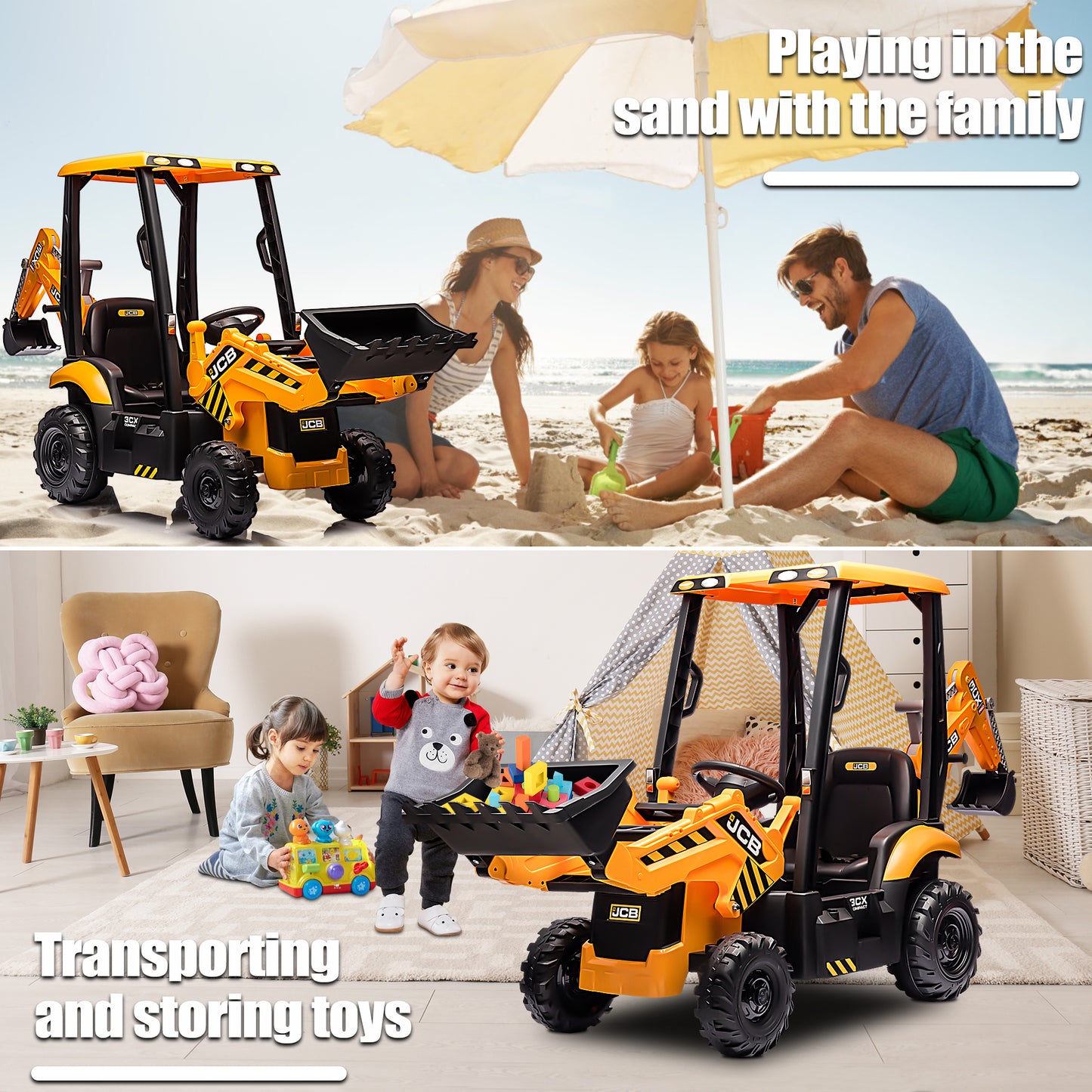 JCB 12V Ride on Excavator with Front&Back Loader 4in1 Kids Ride on Car with Remote Control Electric Construction for 3-6 Years Old Boys and Girls, 3 Speeds, Yellow