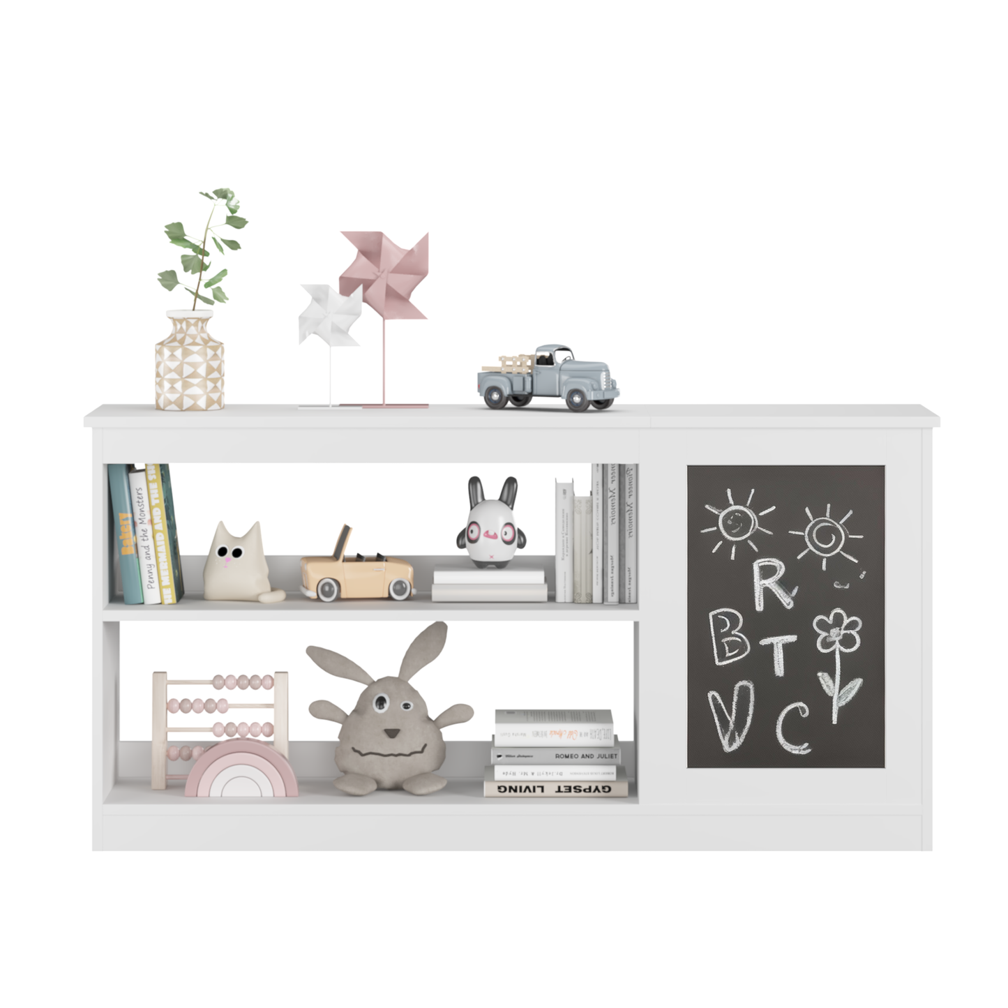 3-in-1 Bookshelf and Toy Storage Cabinet with Chalkboard – Modern White Organizer for Home or Office
