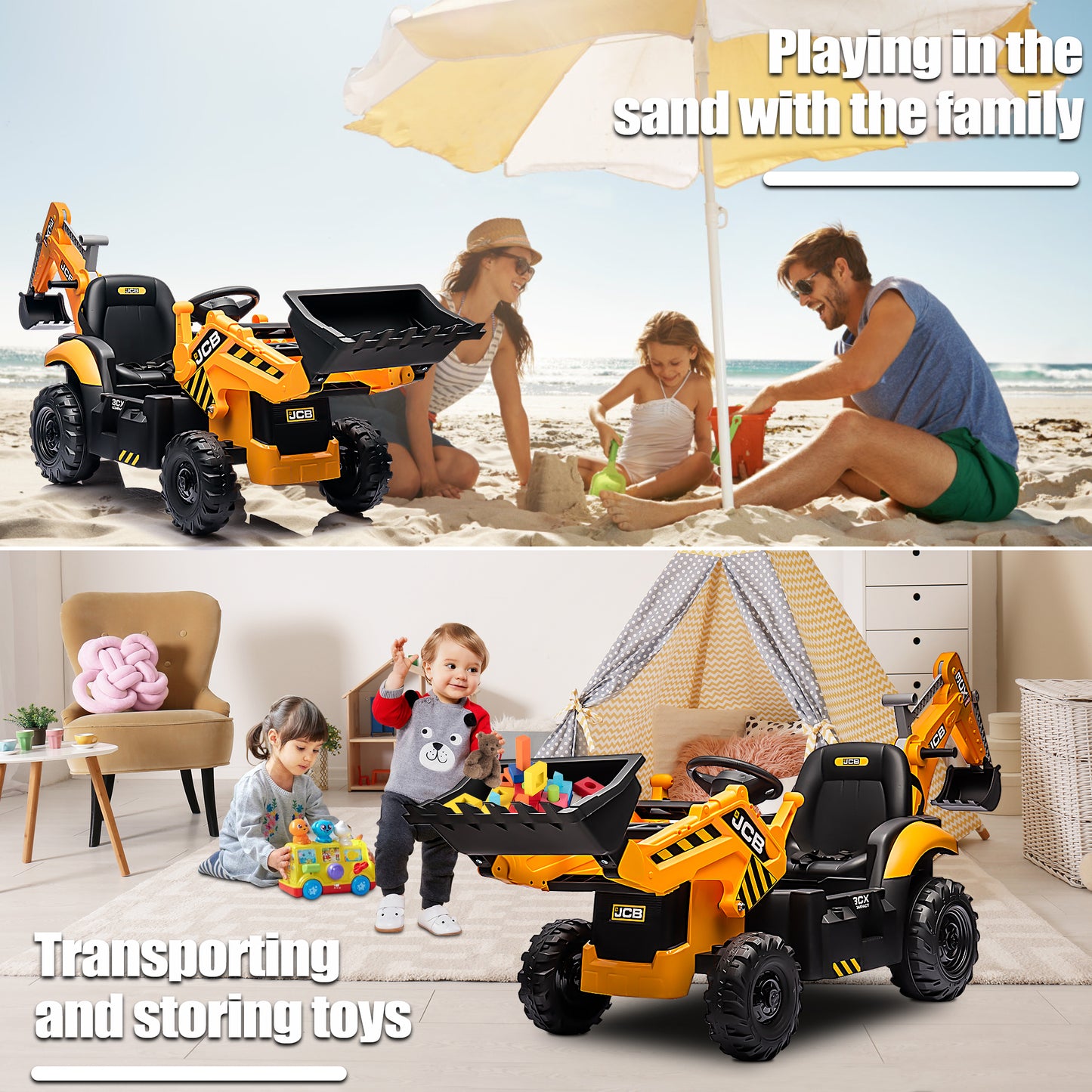 24V Kids Ride on Excavator Digger Toy Backhoe, JCB Battery Powered Electric Tractor with Remote Control, Ride on Construction Truck w/Adjustable Front and Back Loader for 3-6 Boys Girls, Yellow