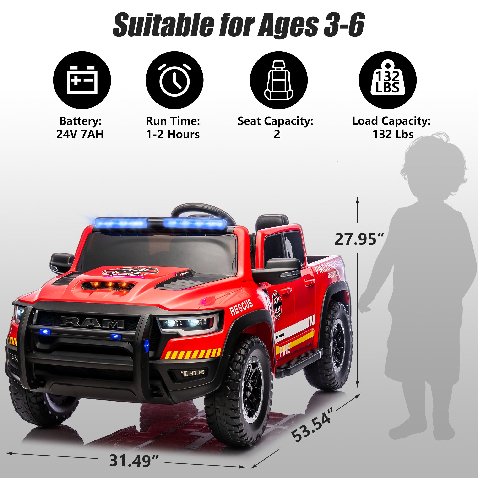 iYofe Ram 24V Ride on Car 2 Seater, Ram 1500 RHO Battery Powered Electric Car Truck with 4 Wheels, Ride on Toy with Remote Control for Big Kids Toddlers 3-8 Boys Girls, Bluetooth & Trunk