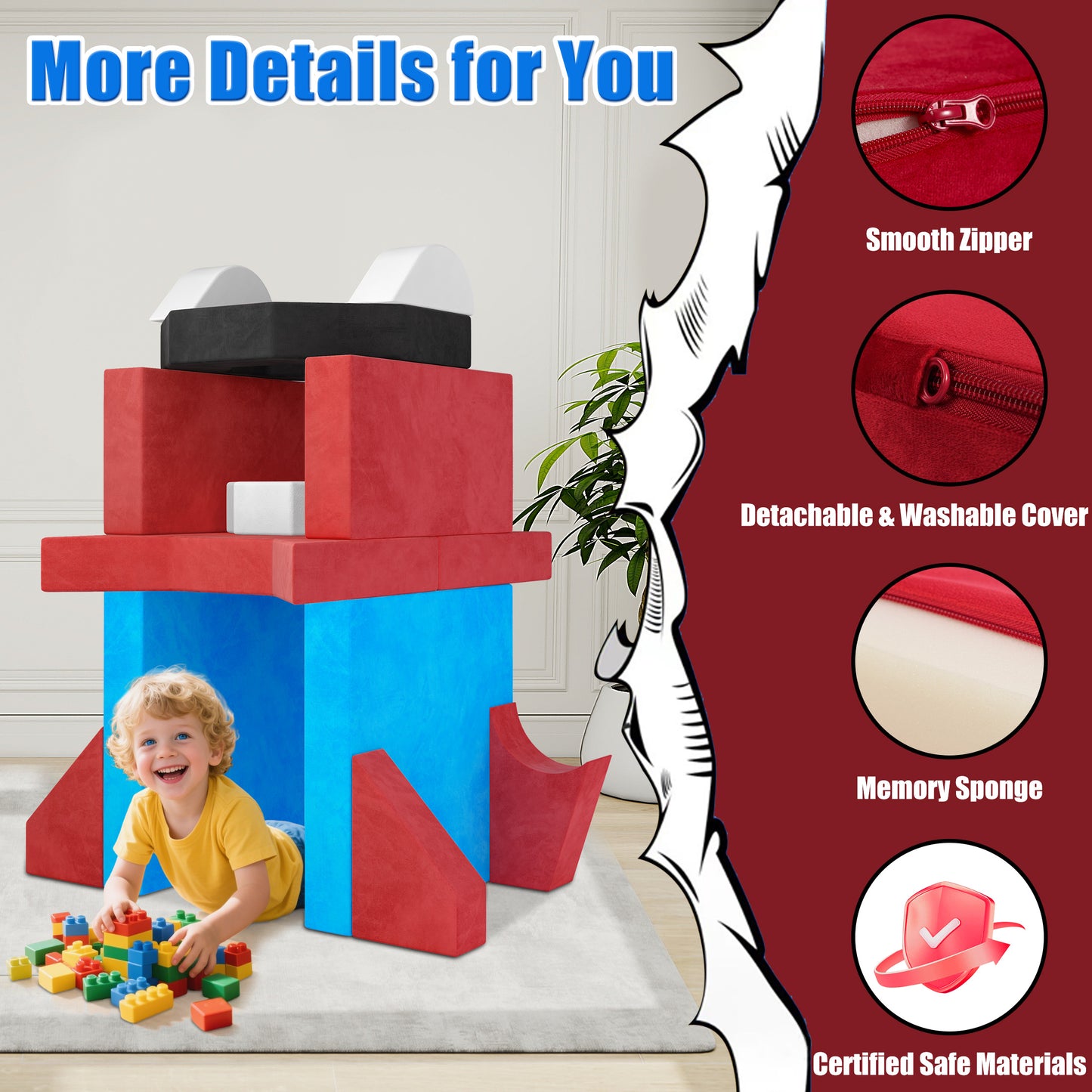 Modular Kids Play Couch Set for Toddlers Playroom, 12PCS Large Foldable Soft Kids Sofa, 3 in 1 Foam Convertible Couch Fort Building Floor Bed for Girls 3-5, Washable Velvet, Purple