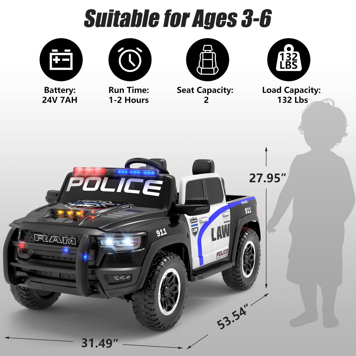 Ram Ride on Car Toys 2 Seater, 24V Ram 1500 Battery Powered Ride on Toy Truck with Remote Control, Electric Car for Kids Girls 3-8 w/ Bluetooth, Rear Storage Trunk, Safety Belt, 4 Wheelers