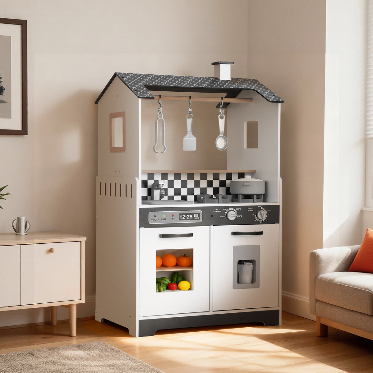 iYofe Wooden Play Kitchen Set, 2-in-1 Kids Kitchen & Laundry Pretend Play Center for Toddlers