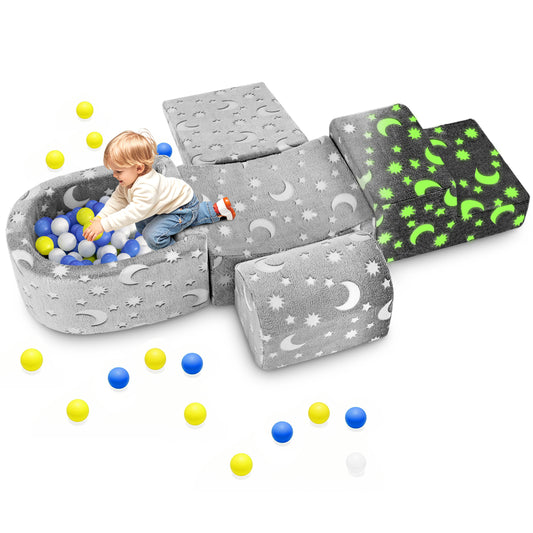 Foam Climbing Blocks and Ball Pit for Toddlers Aged 1-3, Star Glow in The Dark Climbing Toys - Inside Playground/Gym Set incl Four Soft Blocks and a Ball Pit (Balls not Included)