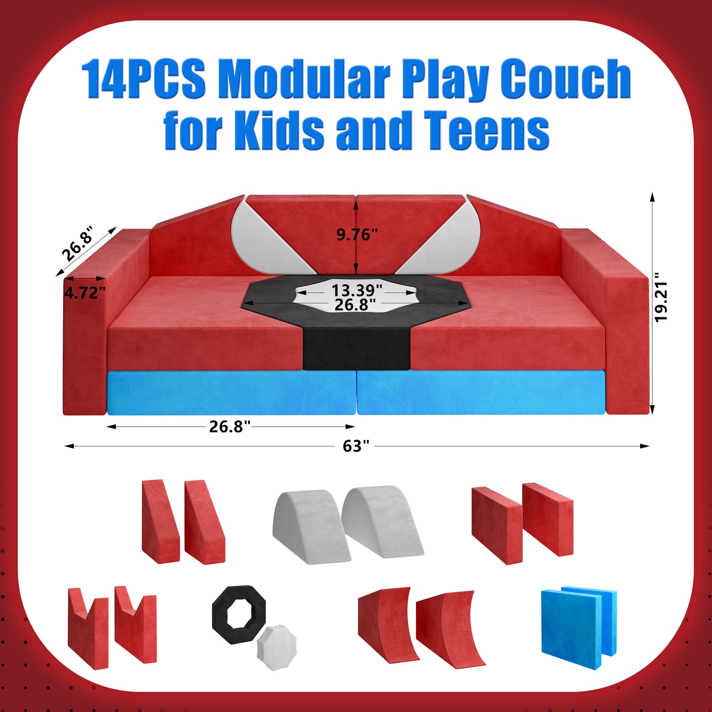 Modular Kids Play Couch Set for Toddlers Playroom, 12PCS Large Foldable Soft Kids Sofa, 3 in 1 Foam Convertible Couch Fort Building Floor Bed for Girls 3-5, Washable Velvet, Purple