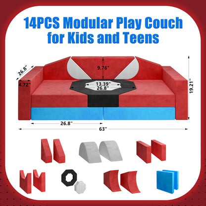 Modular Kids Play Couch Set for Toddlers Playroom, 12PCS Large Foldable Soft Kids Sofa, 3 in 1 Foam Convertible Couch Fort Building Floor Bed for Girls 3-5, Washable Velvet, Purple