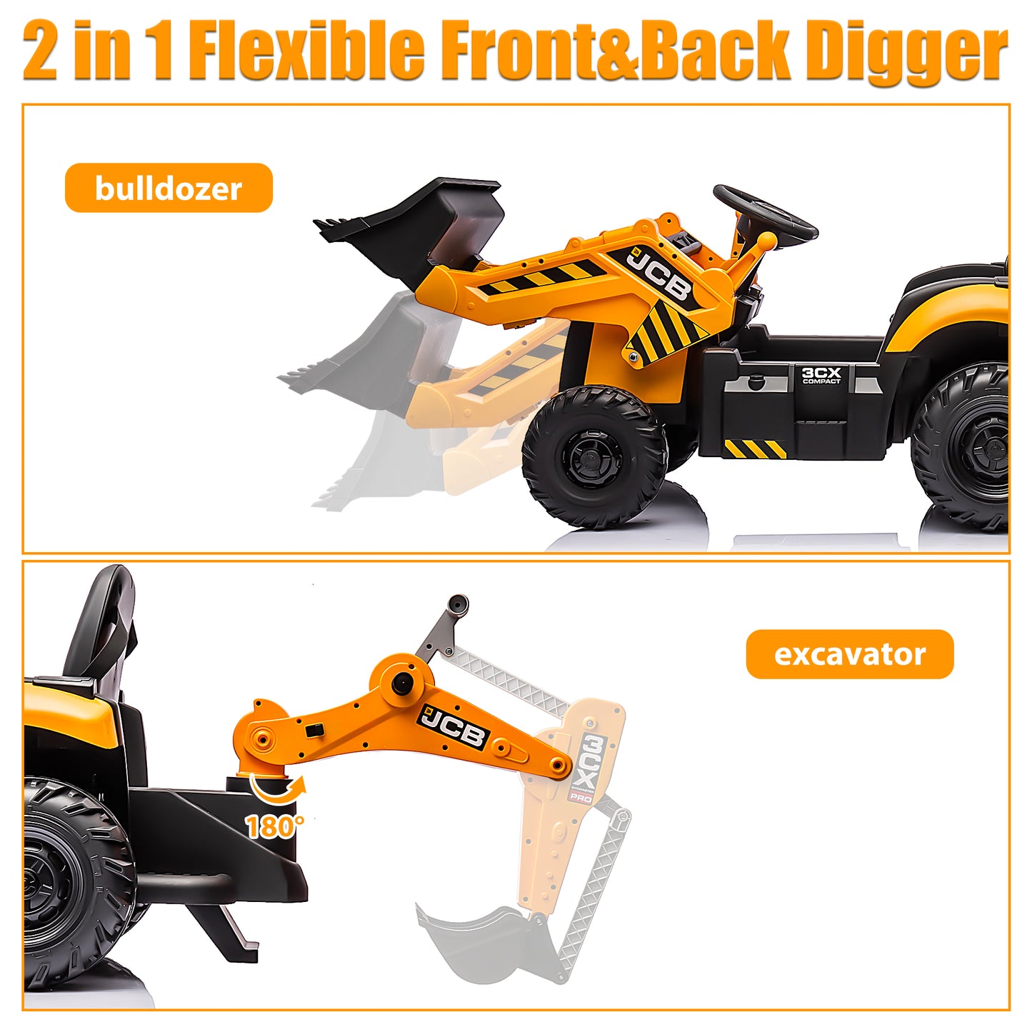 24V Kids Ride on Excavator Digger Toy Backhoe, JCB Battery Powered Electric Tractor with Remote Control, Ride on Construction Truck w/Adjustable Front and Back Loader for 3-6 Boys Girls, Yellow