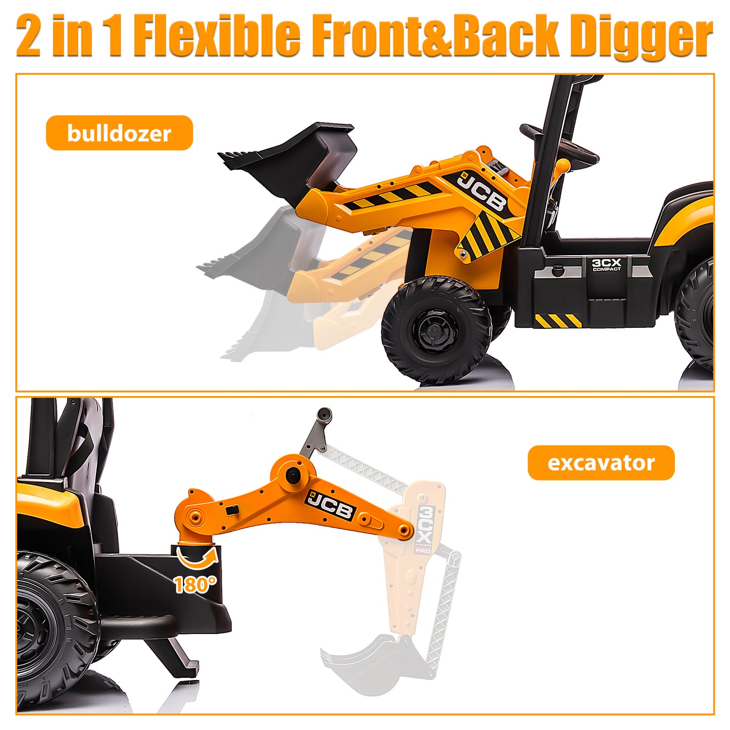 JCB 12V Ride on Excavator with Front&Back Loader 4in1 Kids Ride on Car with Remote Control Electric Construction for 3-6 Years Old Boys and Girls, 3 Speeds, Yellow