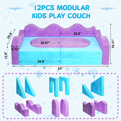 Modular Kids Play Couch Set for Toddlers Playroom, 12PCS Large Foldable Soft Kids Sofa, 3 in 1 Foam Convertible Couch Fort Building Floor Bed for Girls 3-5, Washable Velvet, Purple