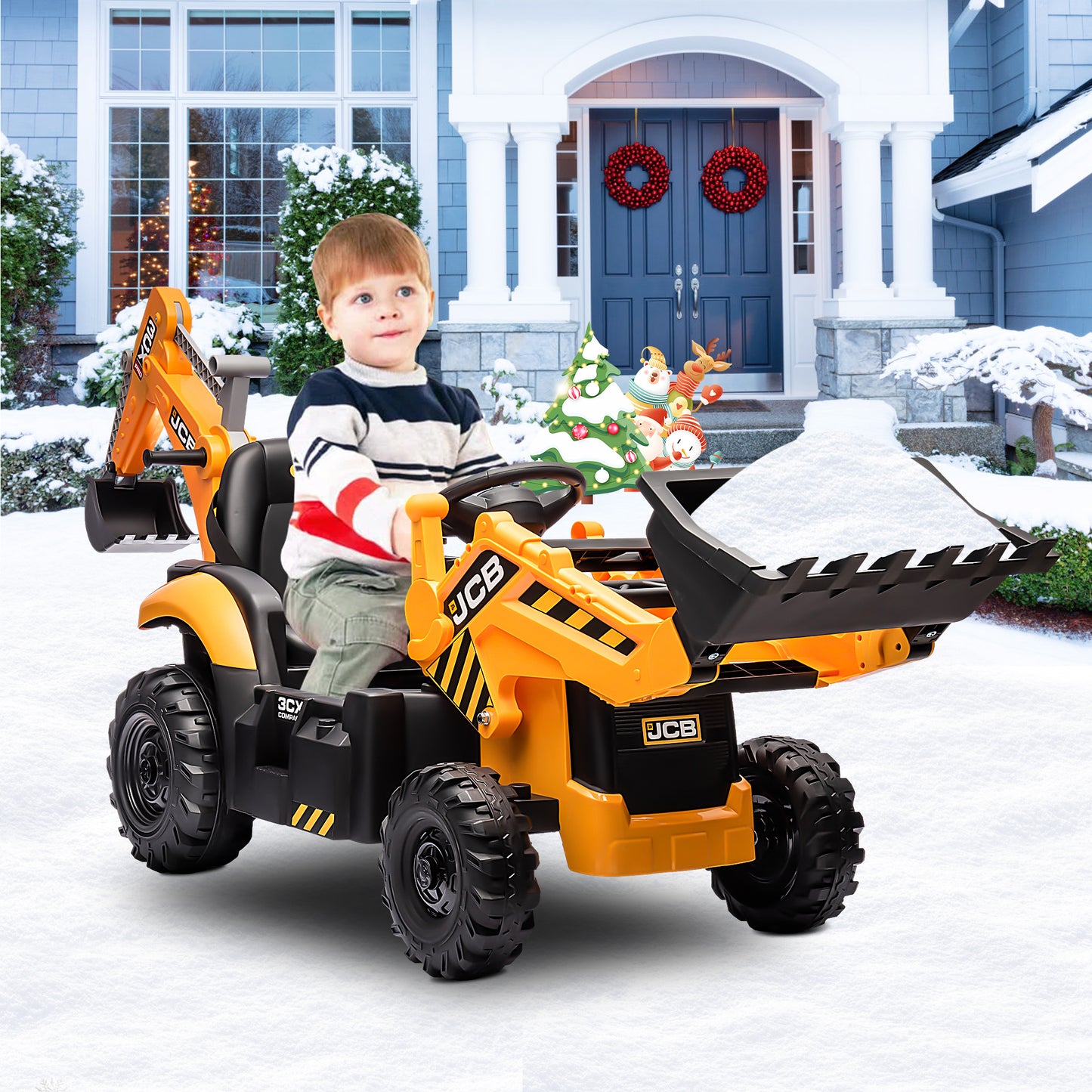 JCB 24V Ride on Excavator with Front&Back Loader 3in1 Kids Ride on Car with Remote Control Electric Construction for 3-6 Years Old Boys and Girls, Backhoe Ride on, Yellow