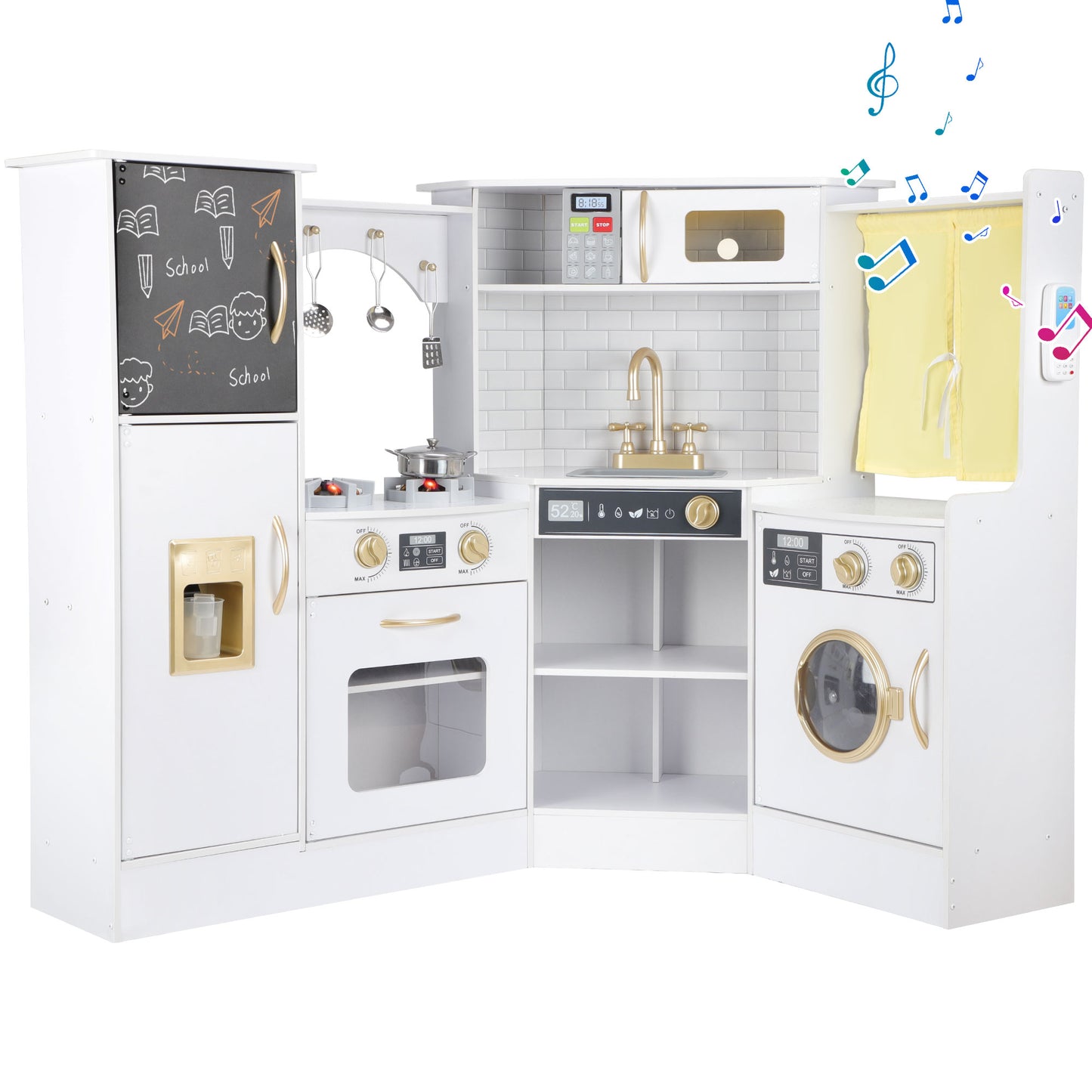 iYofe Corner Play Kitchen, Espresso Kids Kitchen Playset with Lights & Sounds, Play Phone and Curtains, Wooden Kitchen Toys for Ages 3-5 Boys Girls