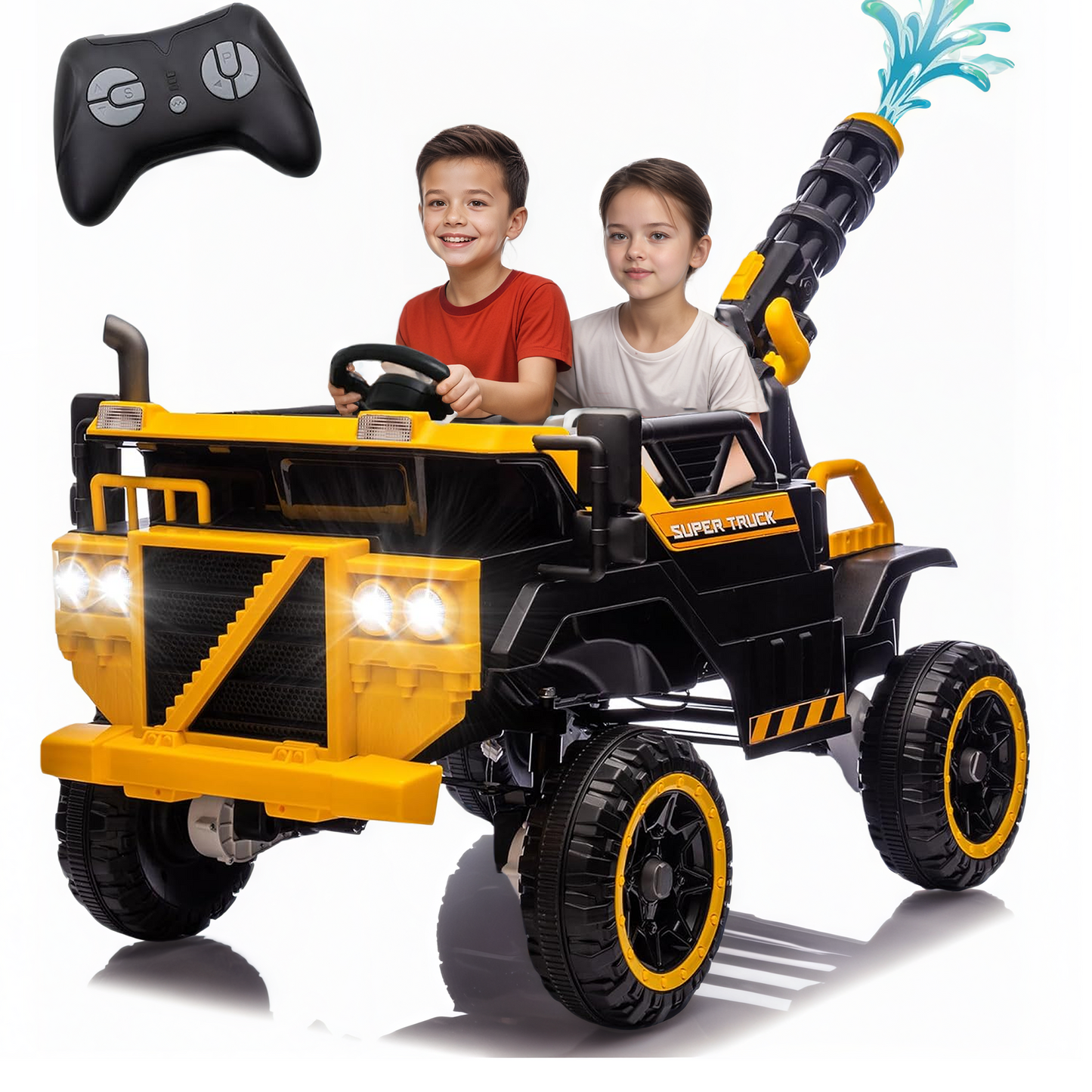 JCB 12V Ride on Excavator with Front&Back Loader 4in1 Kids Ride on Car with Remote Control Electric Construction for 3-6 Years Old Boys and Girls, 3 Speeds, Yellow