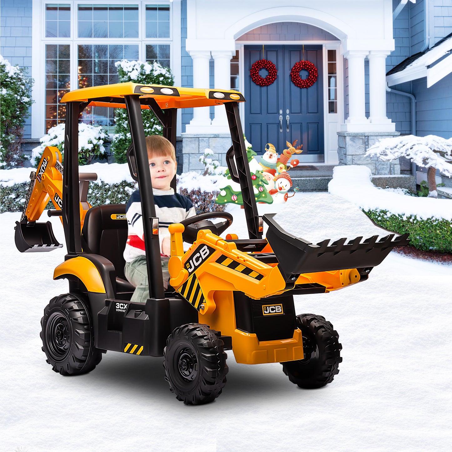 JCB 12V Ride on Excavator with Front&Back Loader 4in1 Kids Ride on Car with Remote Control Electric Construction for 3-6 Years Old Boys and Girls, 3 Speeds, Yellow