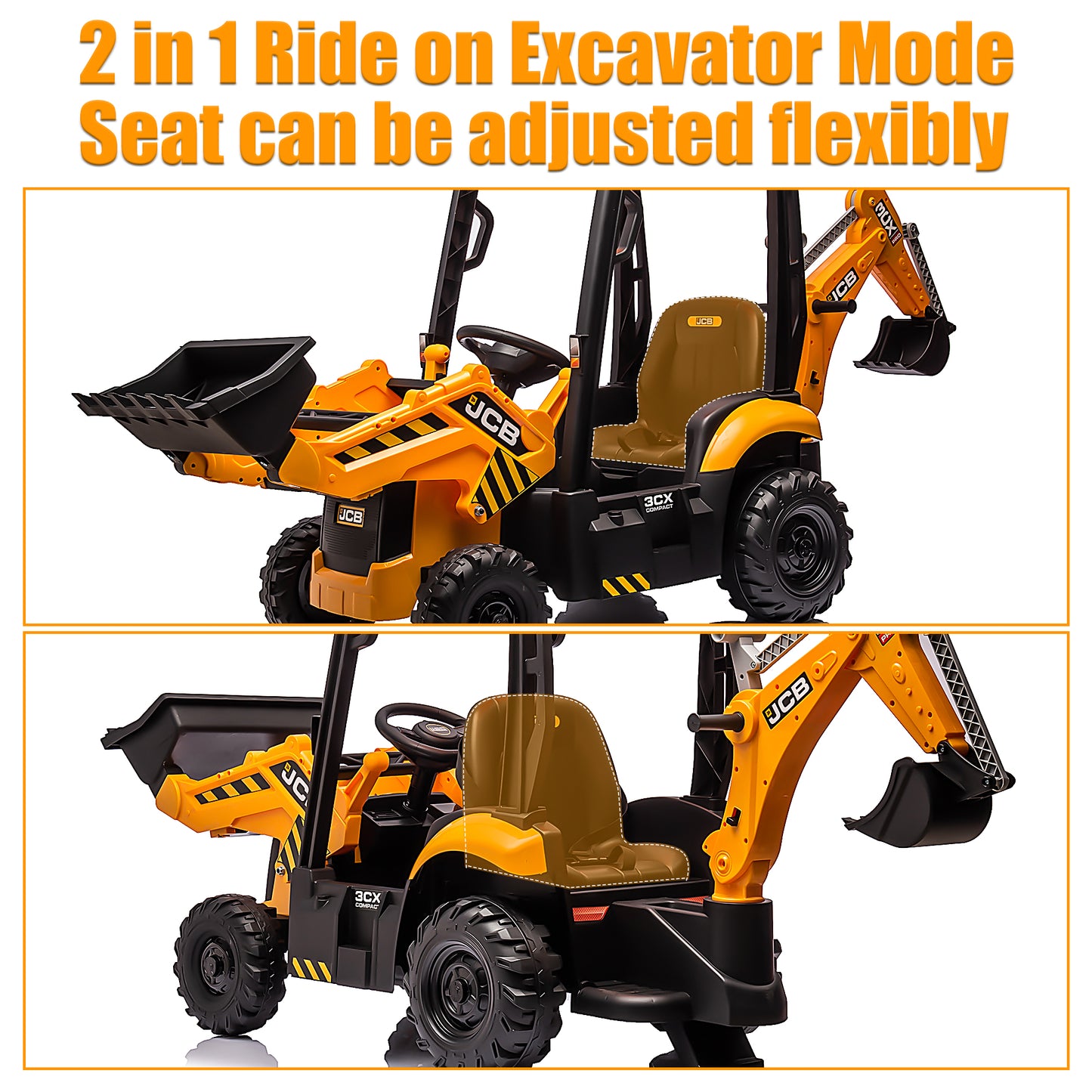 JCB 24V Ride on Excavator with Front&Back Loader 3in1 Kids Ride on Car with Remote Control Electric Construction for 3-6 Years Old Boys and Girls, Backhoe Ride on, Yellow