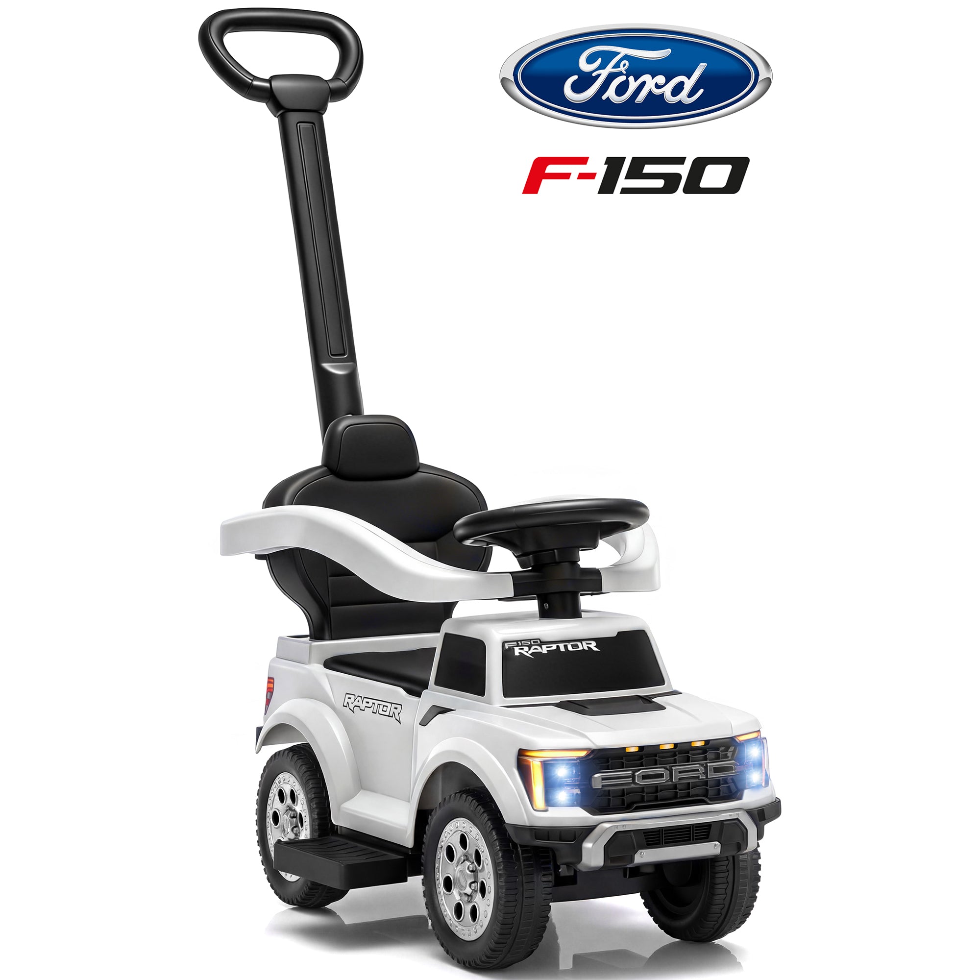 iYofe 3 In 1 Push Cars for Kids, Licensed Ford F-150 Kids Ride On Toys with Removable Parental Handle and Safety Rail, Horn, LED Lights, Ride On Car for Toddler Ages 18-36 Months, Black