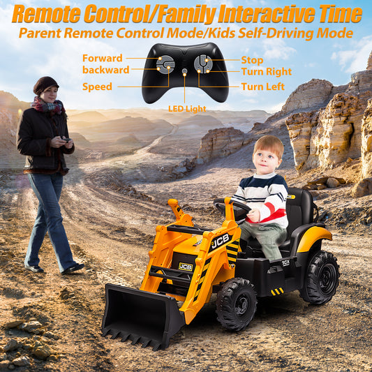 24V Kids Ride on Excavator Digger Toy Backhoe, JCB Battery Powered Electric Tractor with Remote Control, Ride on Construction Truck w/Adjustable Front and Back Loader for 3-6 Boys Girls, Yellow