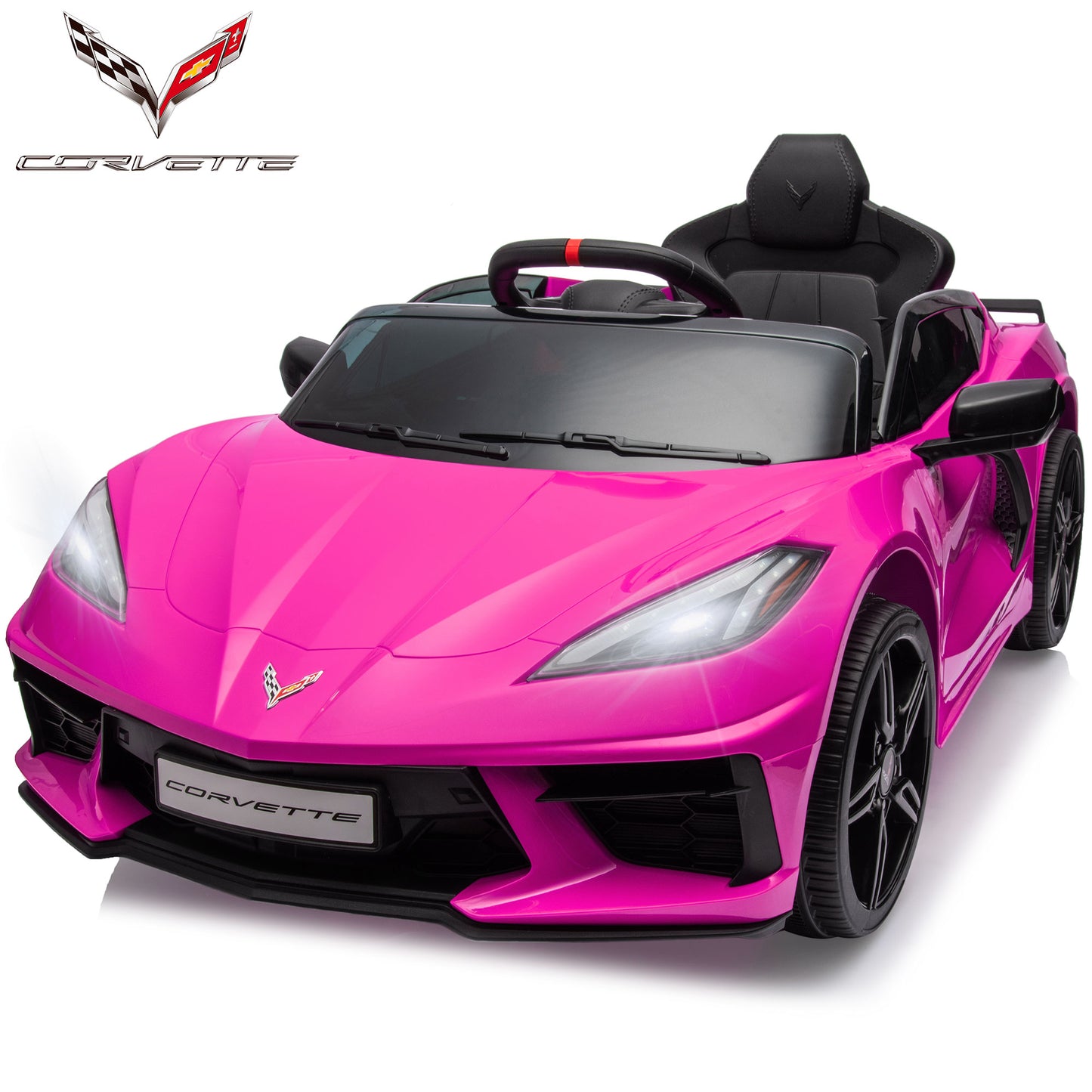 Chevrolet Kids Electric Car, Corvette C8 12V 7Ah Battery Powered Ride on Car, 4 Wheels Ride on Toys with Remote Control, Music, Bluetooth, 3 Speeds for Girls Boys 3-6, Pink