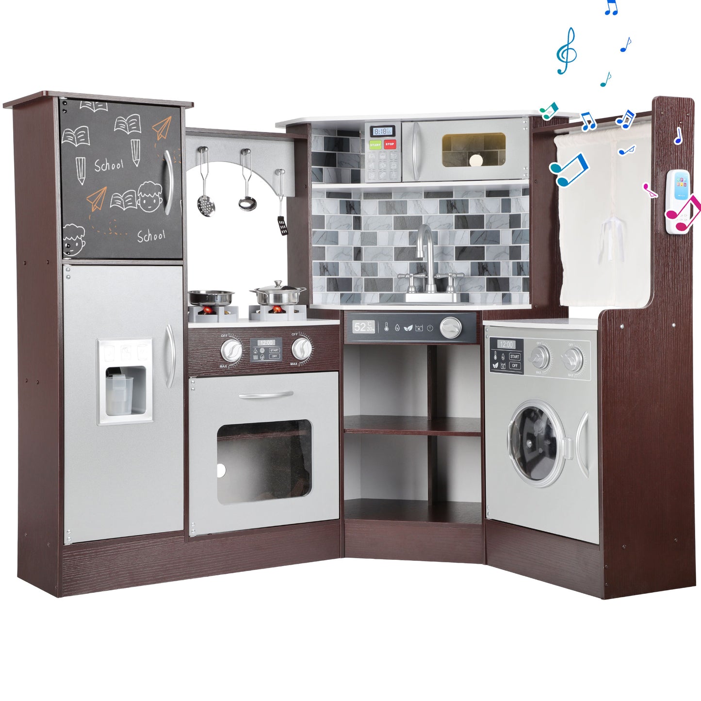 iYofe Corner Play Kitchen, Espresso Kids Kitchen Playset with Lights & Sounds, Play Phone and Curtains, Wooden Kitchen Toys for Ages 3-5 Boys Girls