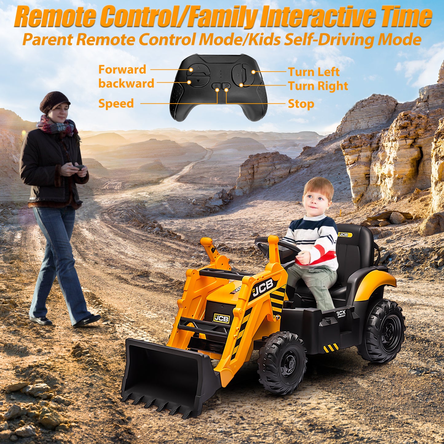 JCB 12V Ride on Excavator with Front&Back Loader 4in1 Kids Ride on Car with Remote Control Electric Construction for 3-6 Years Old Boys and Girls, 3 Speeds, Yellow