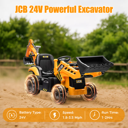 iYofe 24V Kids Ride on Excavator Toy Cars, JCB Powered Ride on Backhoe Construction Toy with Bluetooth, Electric Tractor Car with Remote Control, Digger and Loader for 3-6 Boys Girls