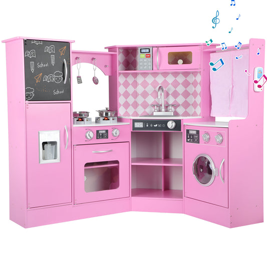 iYofe Corner Play Kitchen, Espresso Kids Kitchen Playset with Lights & Sounds, Play Phone and Curtains, Wooden Kitchen Toys for Ages 3-5 Boys Girls