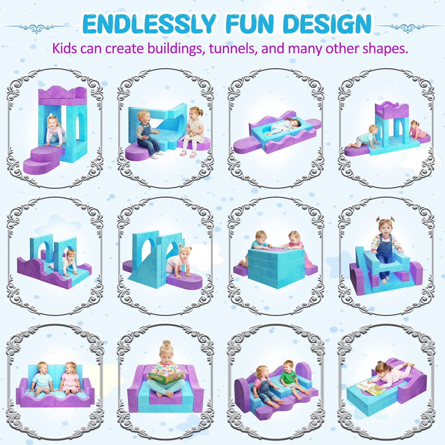 Modular Kids Play Couch Set for Toddlers Playroom, 12PCS Large Foldable Soft Kids Sofa, 3 in 1 Foam Convertible Couch Fort Building Floor Bed for Girls 3-5, Washable Velvet, Purple