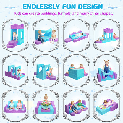 Modular Kids Play Couch Set for Toddlers Playroom, 12PCS Large Foldable Soft Kids Sofa, 3 in 1 Foam Convertible Couch Fort Building Floor Bed for Girls 3-5, Washable Velvet, Purple