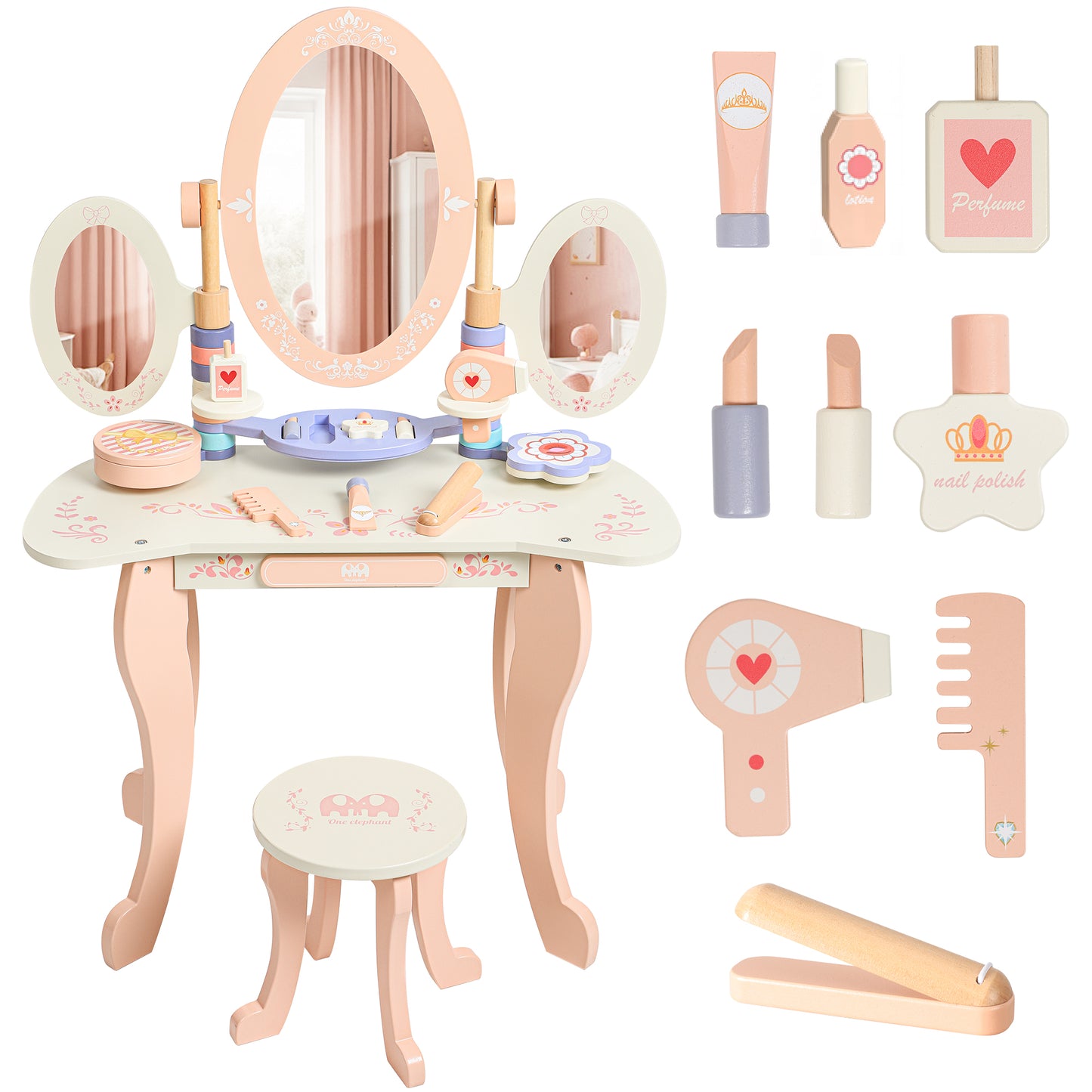 Kids Vanity Set for Girls with Mirror, 12PCS Toddler Vanity Table and Chair Set with Makeup Toys, Wood Dressing Table with Jewelry Box, Eyeshadow, Comb, Pink