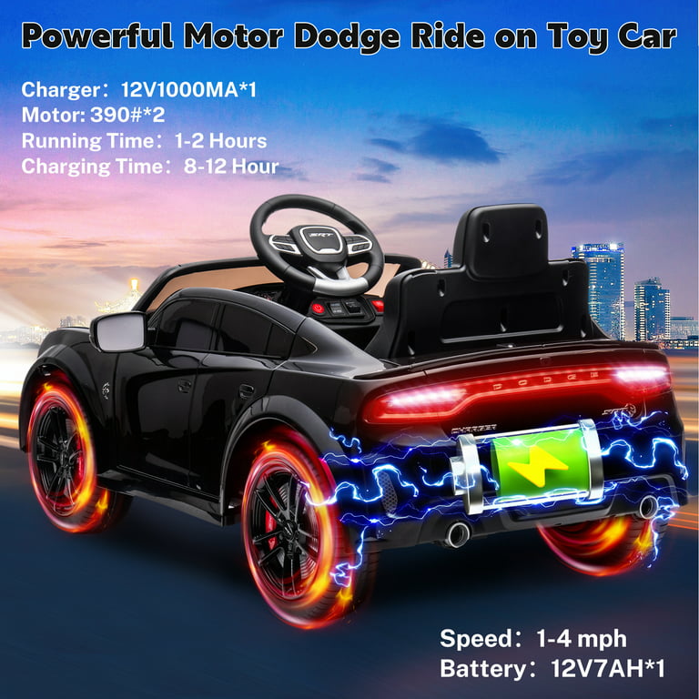 Ride on Cars, 12 V Licensed Dodge Charger Battery Powered Ride On Toys with Remote Control, MP3 Player, LED Headlights, Safety Belt, 4 Wheeler, Electric Car for Kids 3-5 Boys Girls, Black