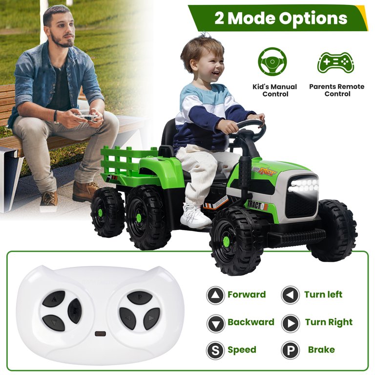 12V Kids Ride on Tractor with Trailer, Sesslife Battery Powered Electric Ride on Car w/ Remote Control, 3 speed, Power display, USB,MP3 , Bluetooth, LED light, Electric Vehicles for Boys Girls, Green