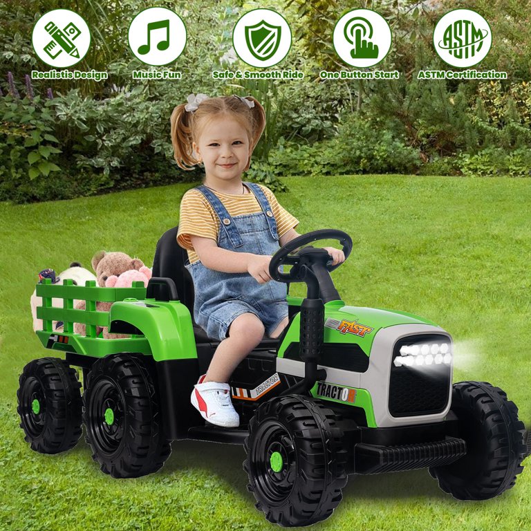 12V Kids Ride on Tractor with Trailer, Sesslife Battery Powered Electric Ride on Car w/ Remote Control, 3 speed, Power display, USB,MP3 , Bluetooth, LED light, Electric Vehicles for Boys Girls, Green