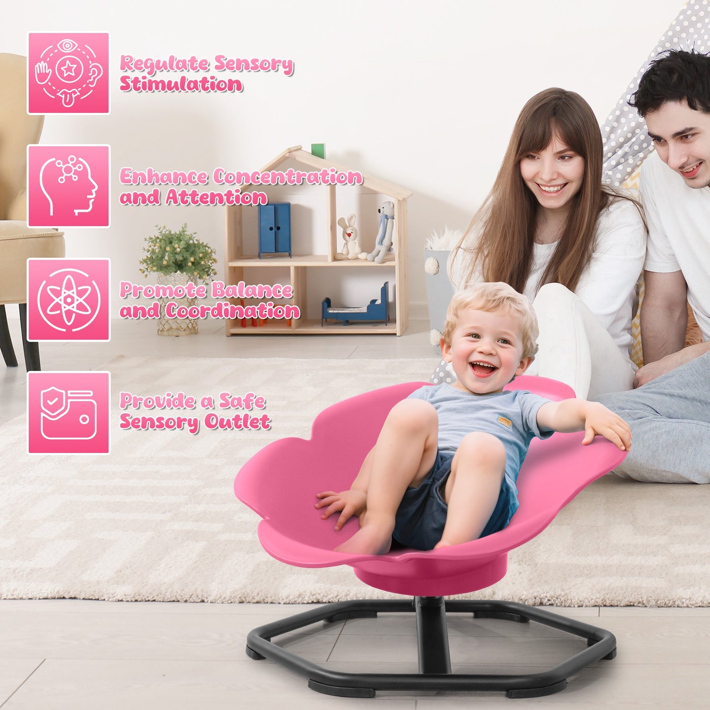 iYofe Kids Sensory Spinning Chair, Petal Shape Spinning Chair for Autistic Kids, Chair Sensory Spinner Seat for Autism Toddlers ADHD Children, 360° Rotating Therapy-Grade Chair with Safety Base, Pink