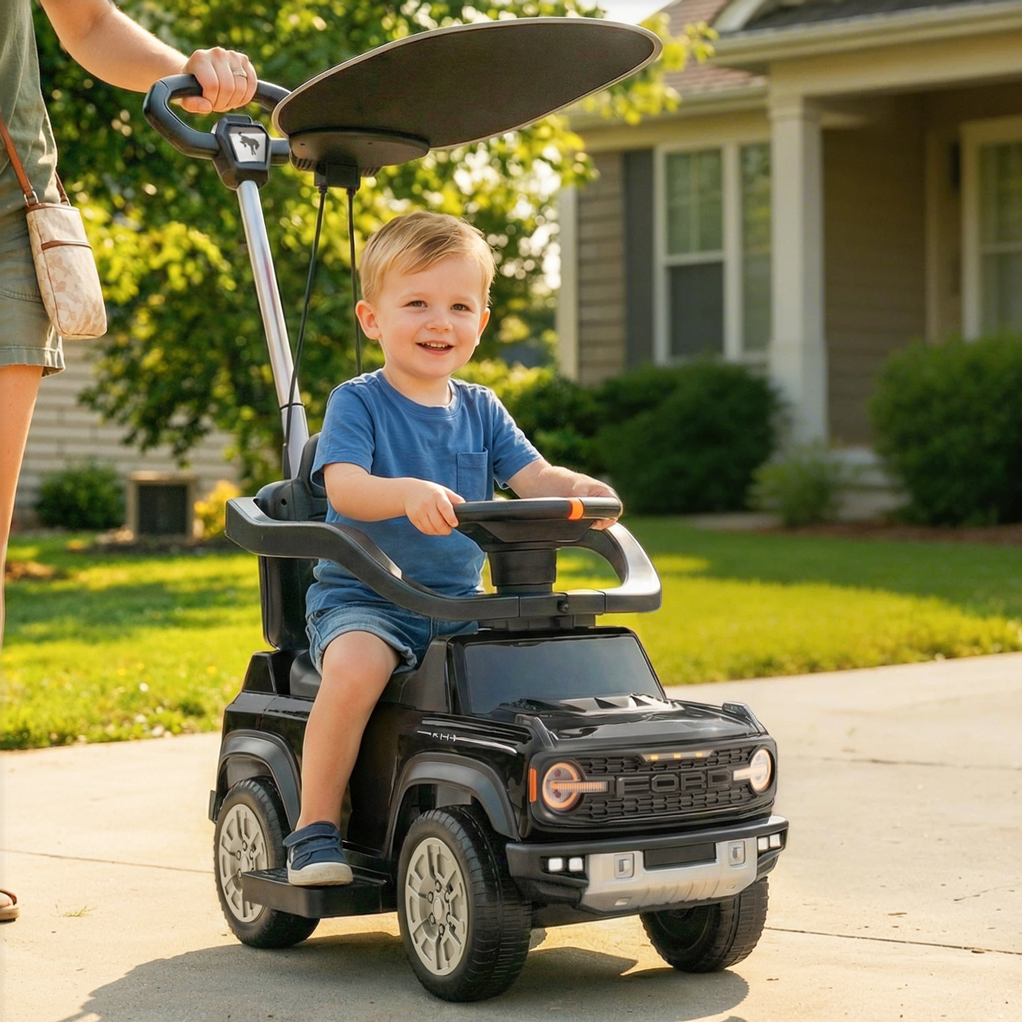 iYofe 3 In 1 Push Cars for Kids, Licensed Ford Bronco Ride On Toys w/Adjustable Handle, Canopy, Armrest Guardrail, Horn, Silent Wheels, Boys Girls Ride On Car for Toddlers Ages 18-36 Month