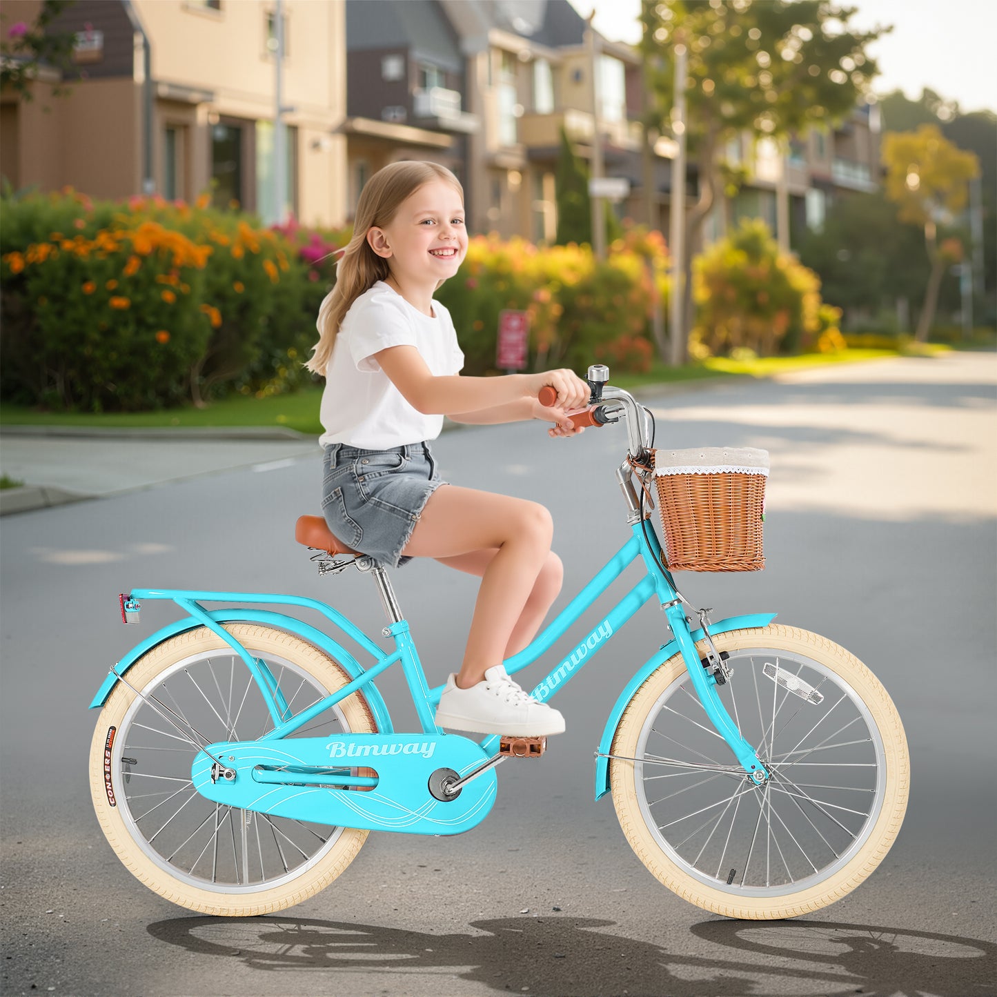 Girls Bike 20inch with Basket and Backseat, Kids Bicycle for 7-10 Years Old, Single Speed