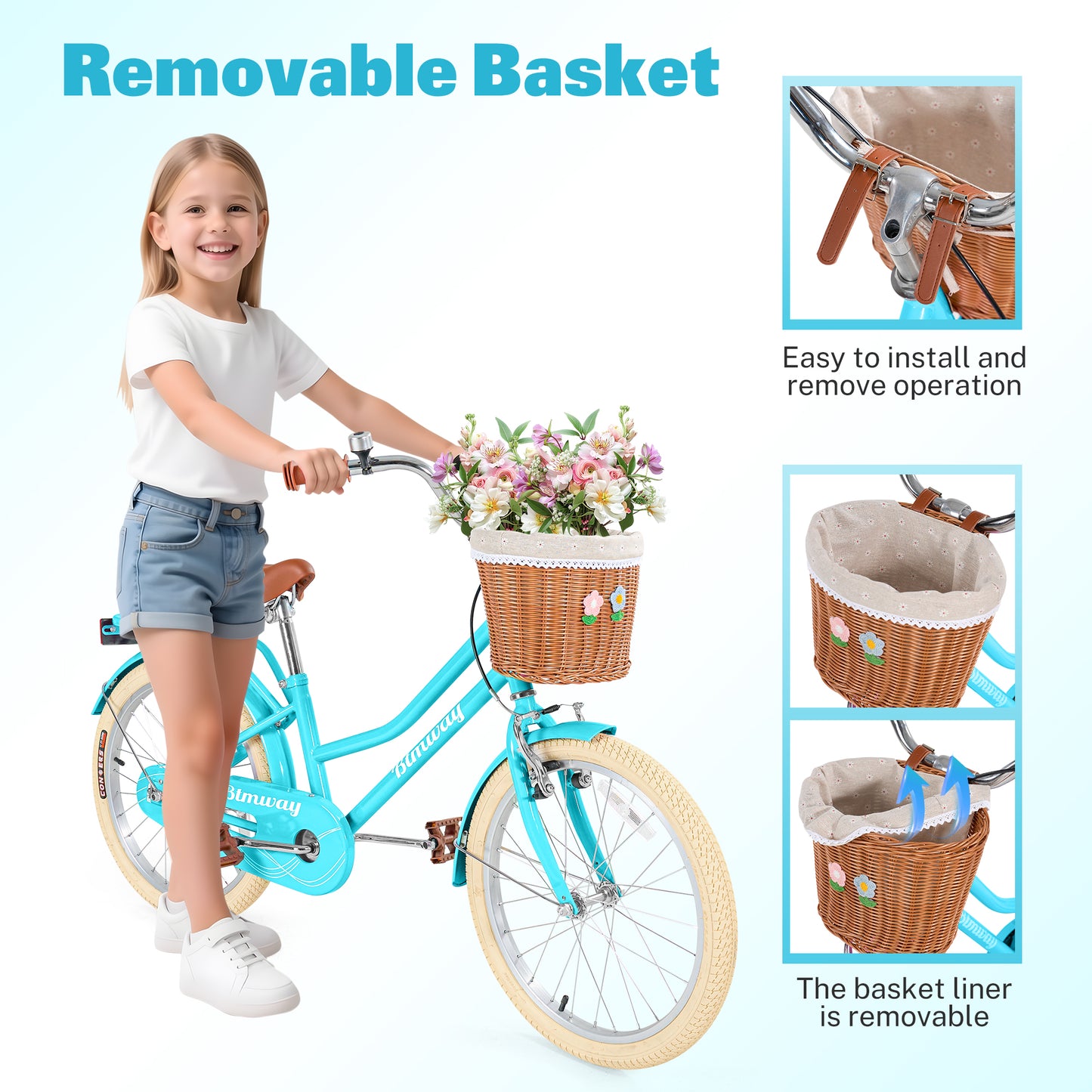 Girls Bike 20inch with Basket and Backseat, Kids Bicycle for 7-10 Years Old, Single Speed