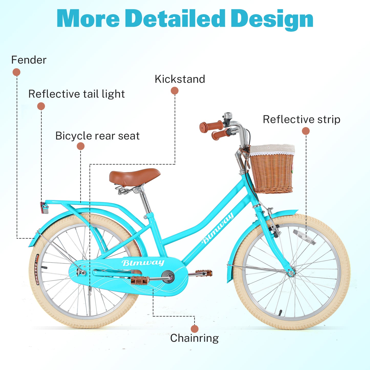 Girls Bike 20inch with Basket and Backseat, Kids Bicycle for 7-10 Years Old, Single Speed