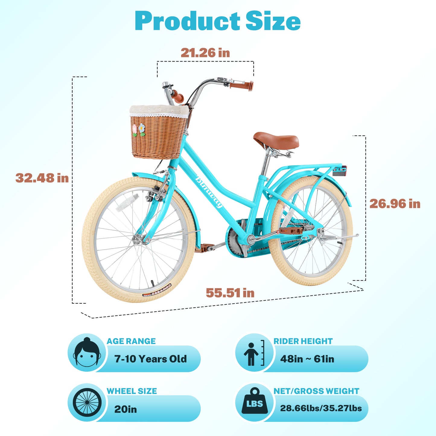 Girls Bike 20inch with Basket and Backseat, Kids Bicycle for 7-10 Years Old, Single Speed