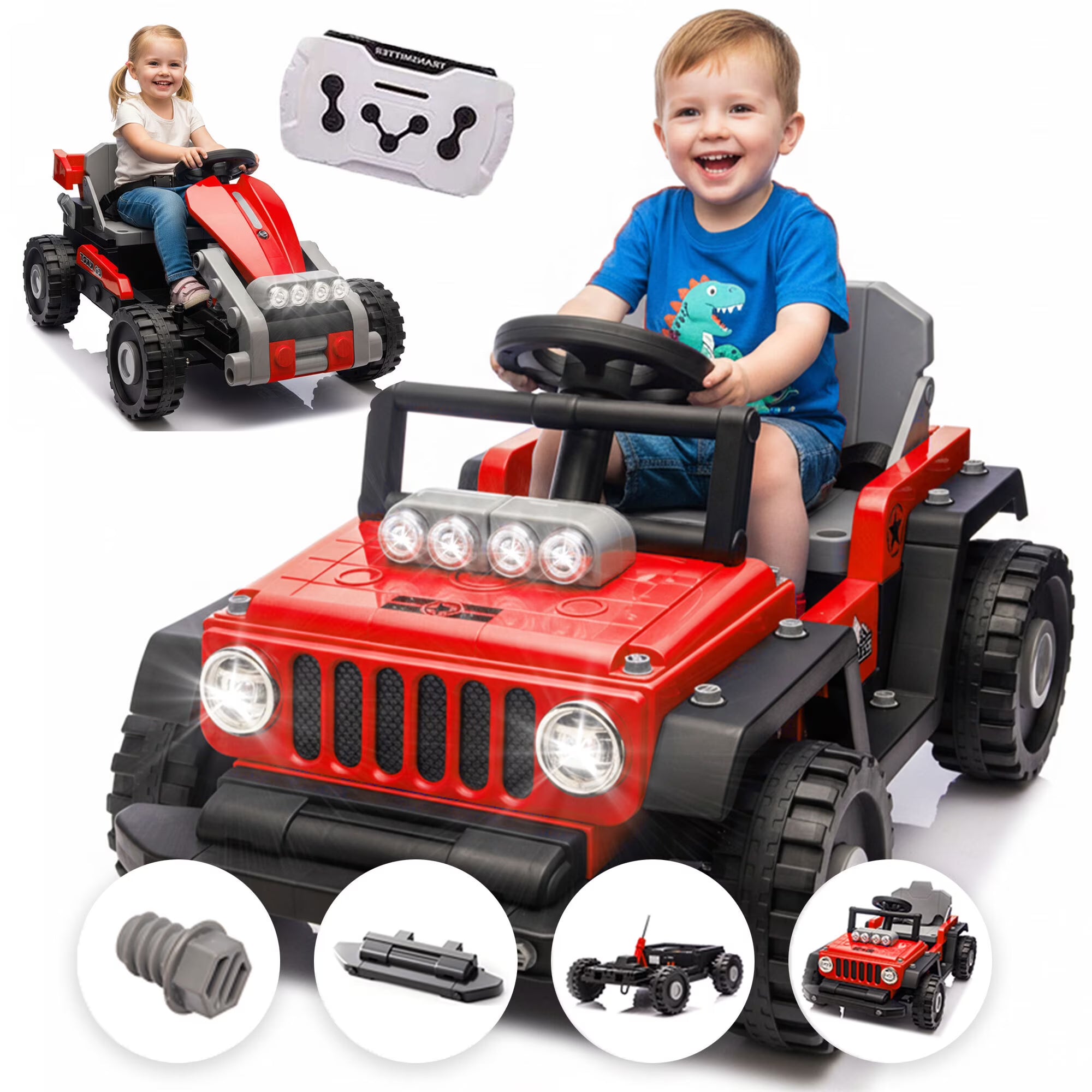 2-In-1 12V Kids Ride On Building Block Cars with Remote Control, Electric Truck Car/Kart-Switch Freely, Toddler Car with Multifunctional Control Panel, Toys Gift for Boys Girls 2-4
